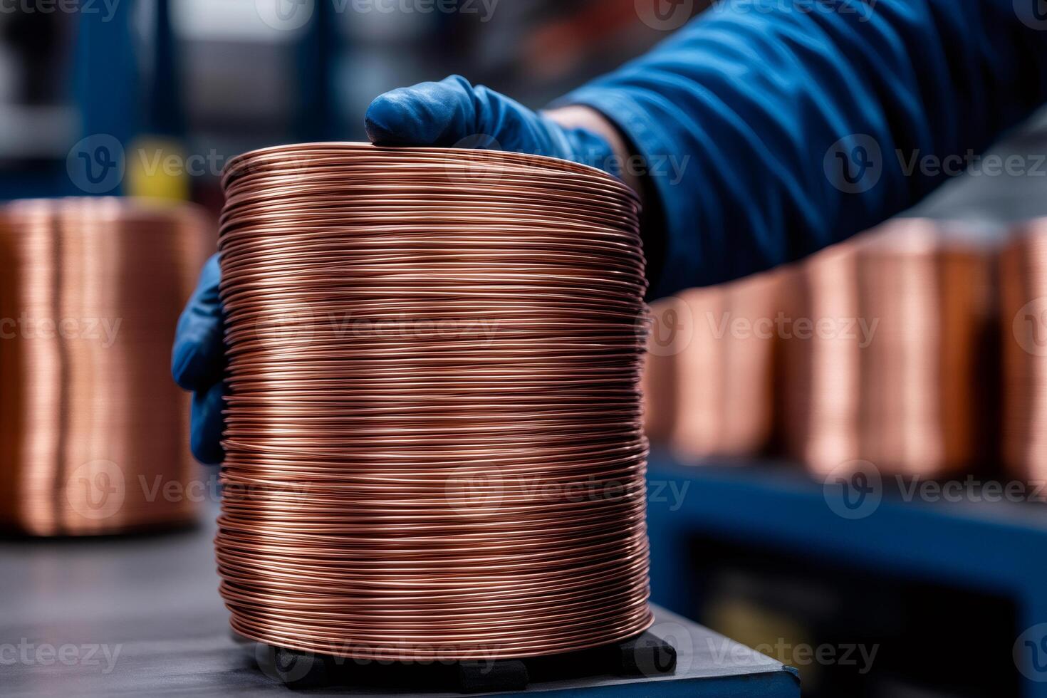 Production worker wearing gloves handling copper wire coil in factory warehouse photo