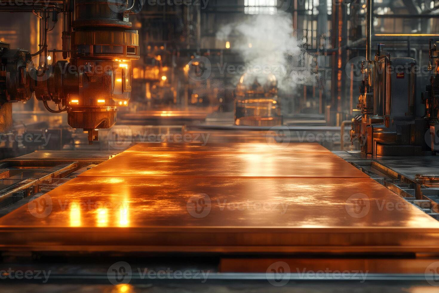 Copper sheets being processed in a metalworking factory photo