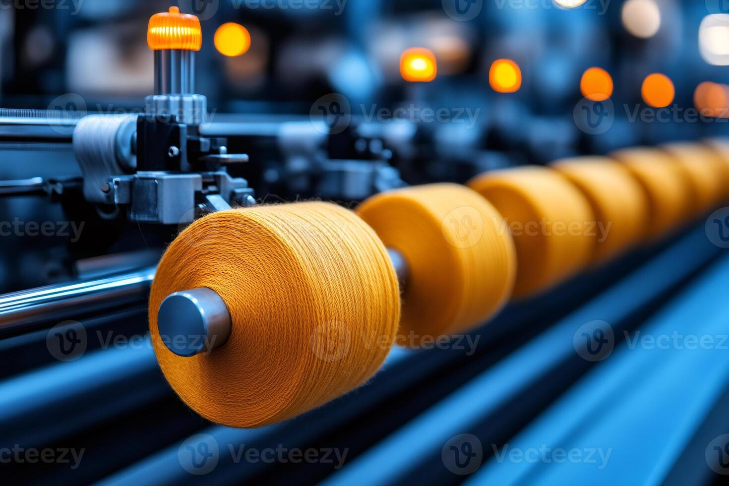 Industrial sewing machine processing multiple spools of yellow yarn in a textile factory photo