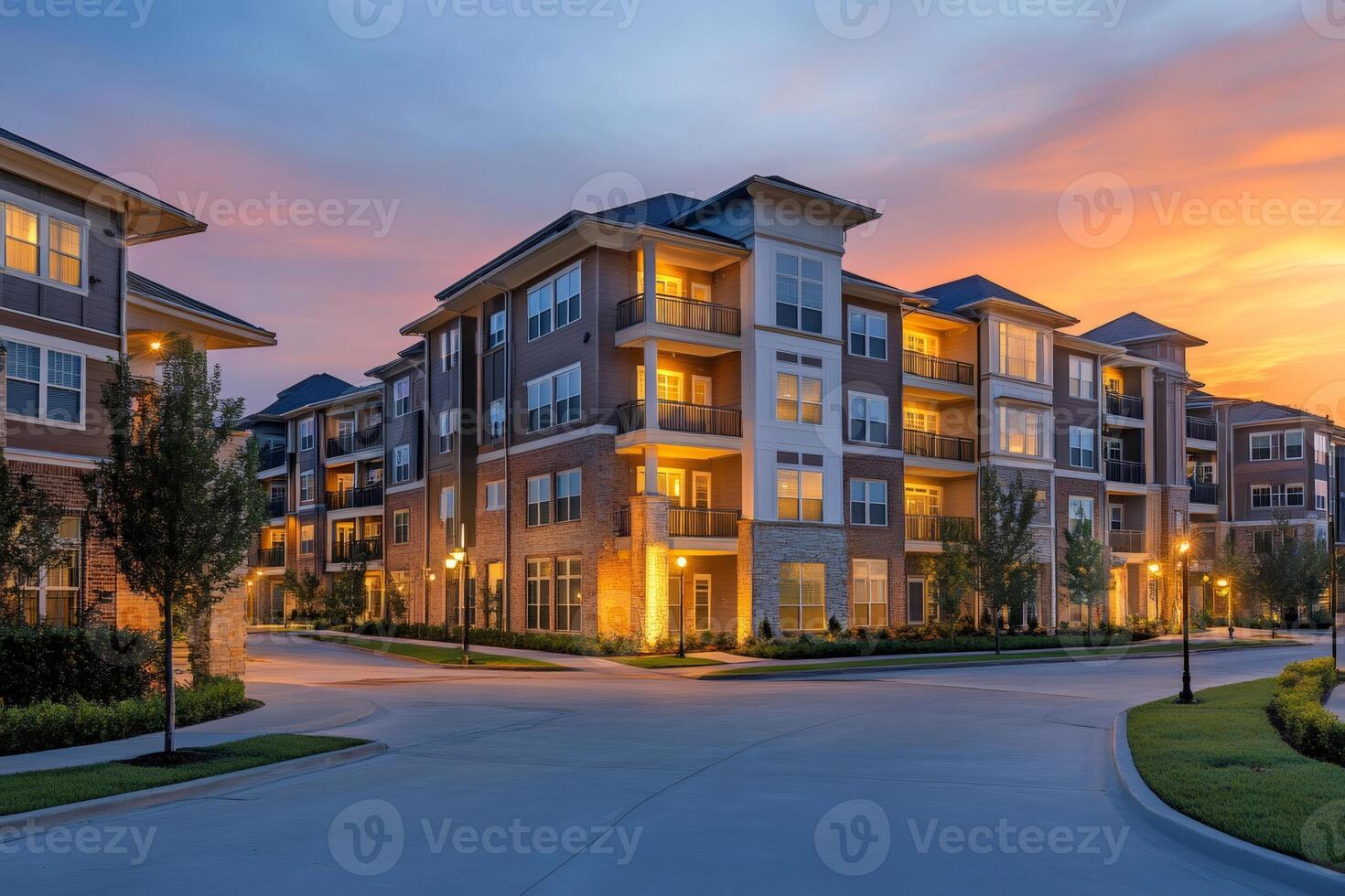 Modern residential buildings at sunset, creating an upscale community ambiance photo