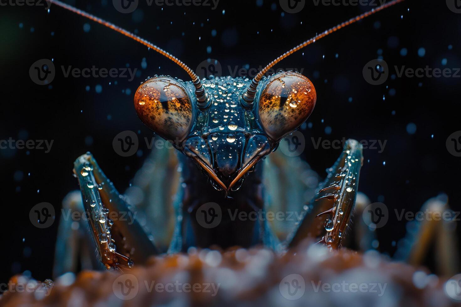 Praying mantis covered in dew drops under rain posing on a branch photo