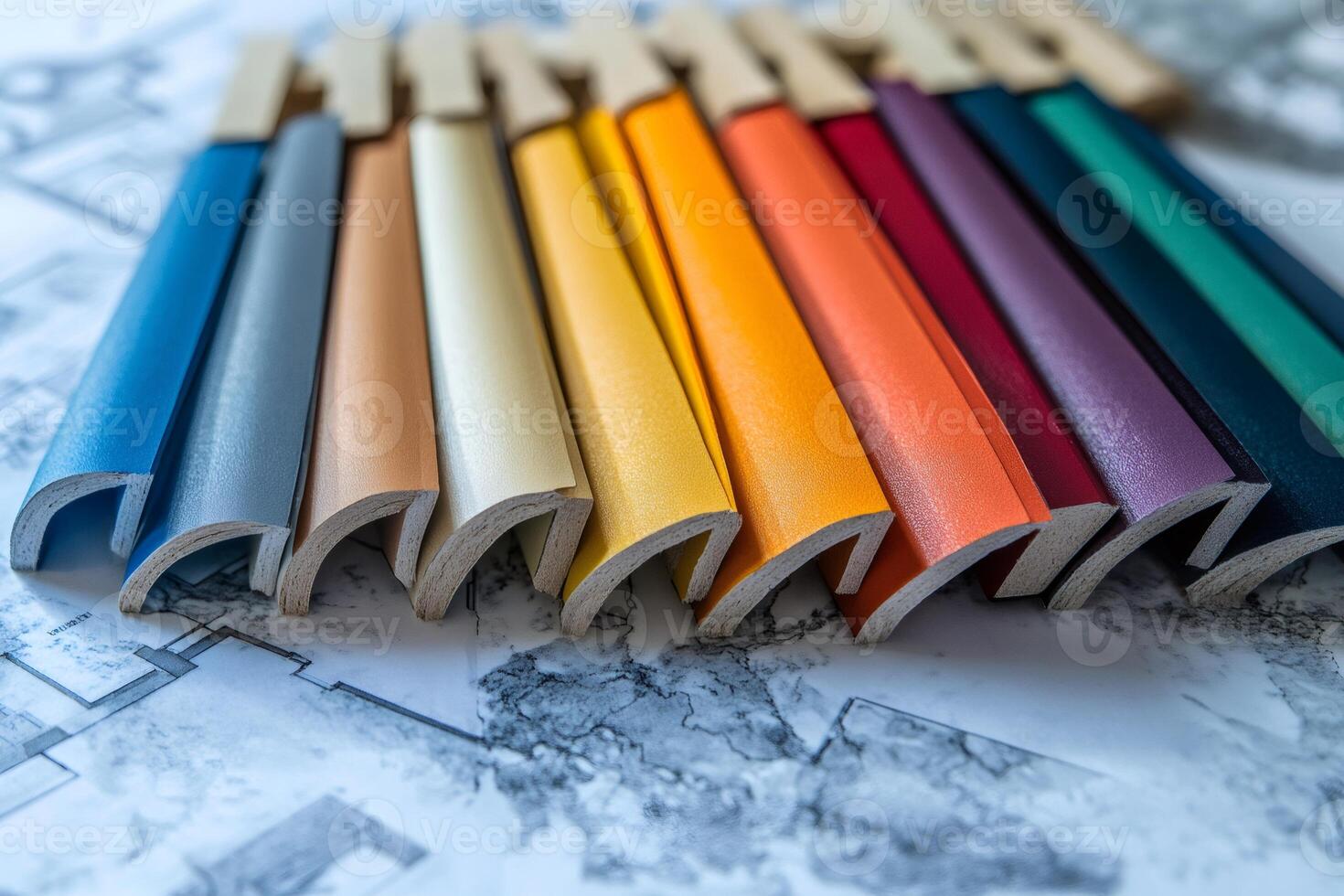 Colorful edging samples lying on architectural plans for interior design project photo