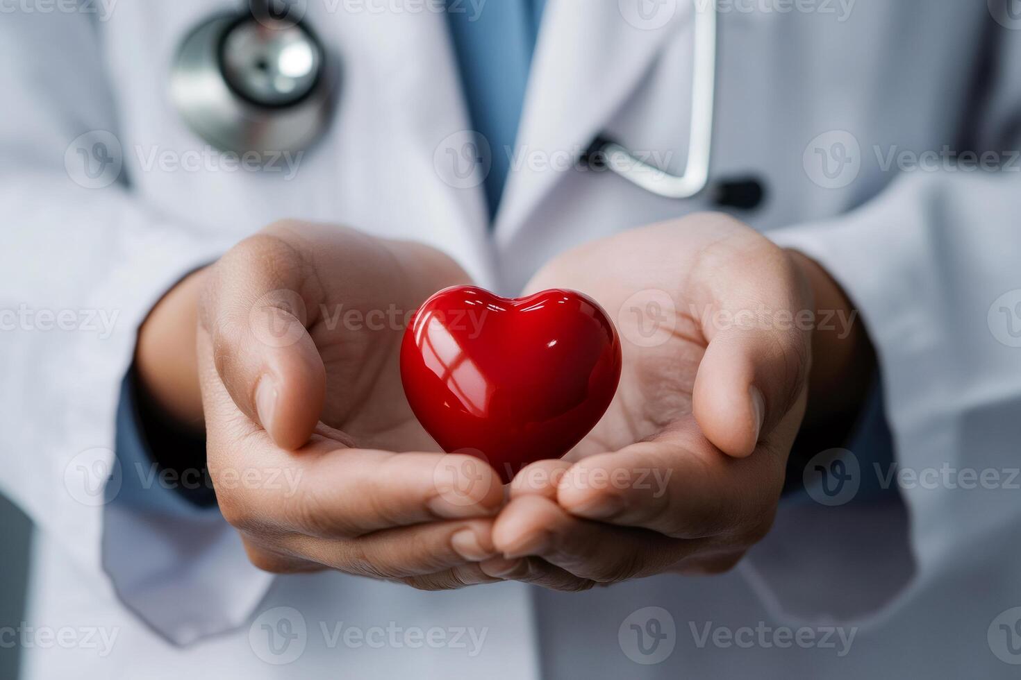 Doctor holding red heart symbol of health and care photo