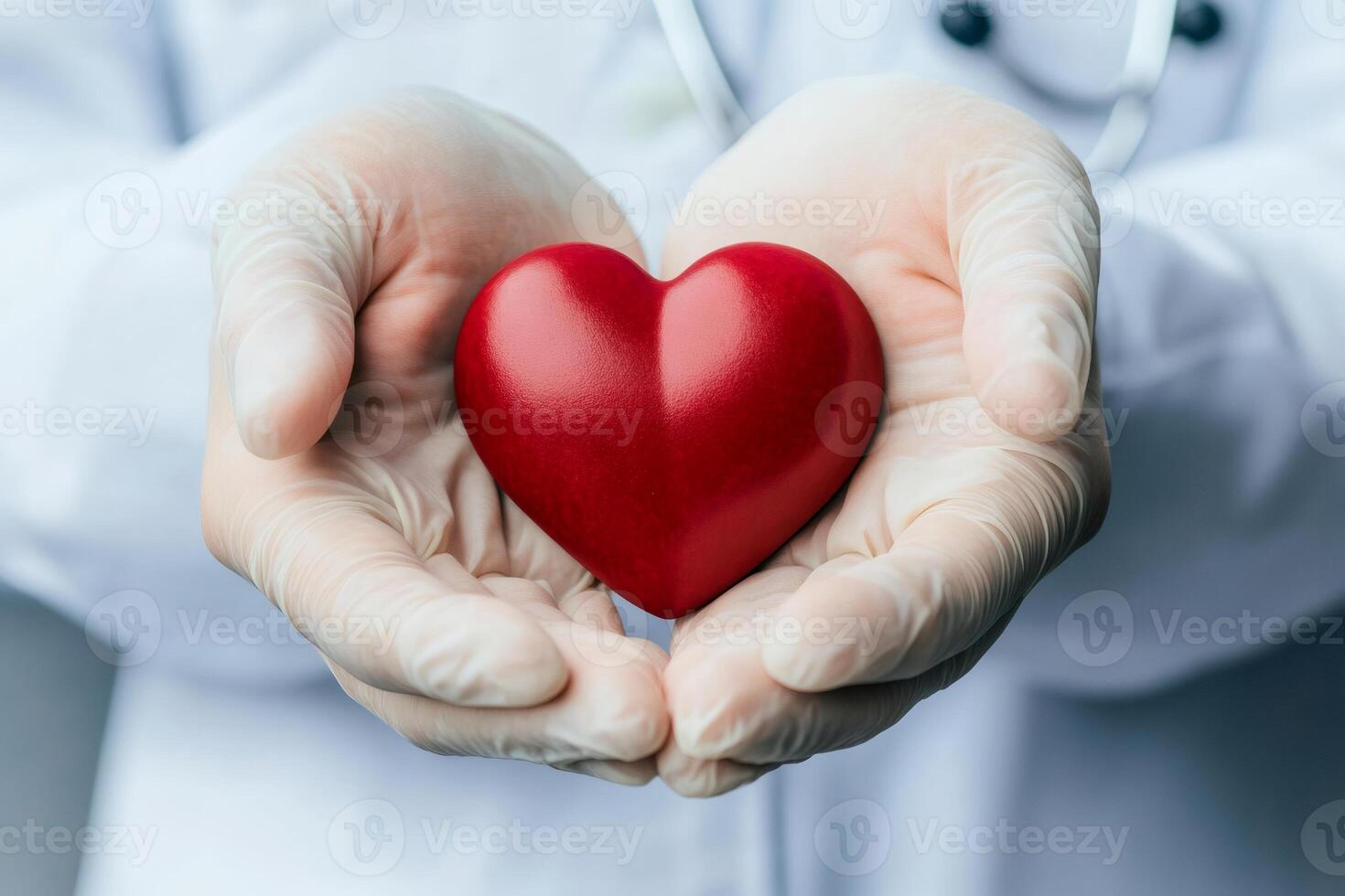 Doctor wearing latex gloves holding red heart symbol of health and care photo