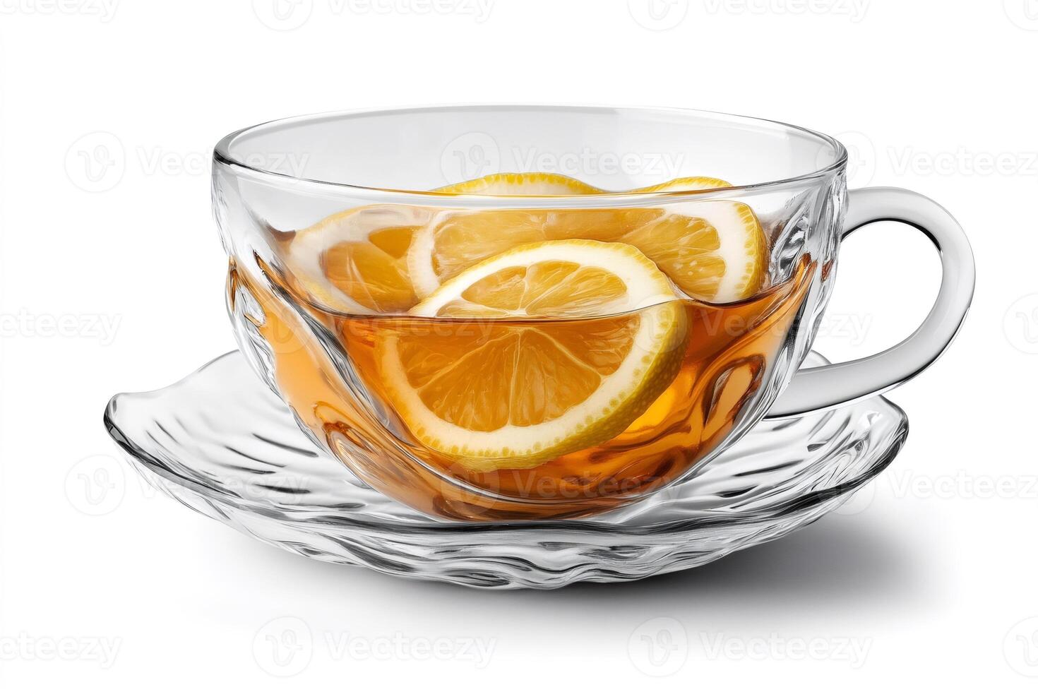 Glass teacup with lemon slices on white background, refreshing tea time photo