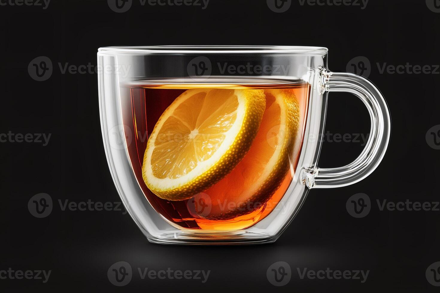 Glass double walled mug containing lemon tea on black background photo
