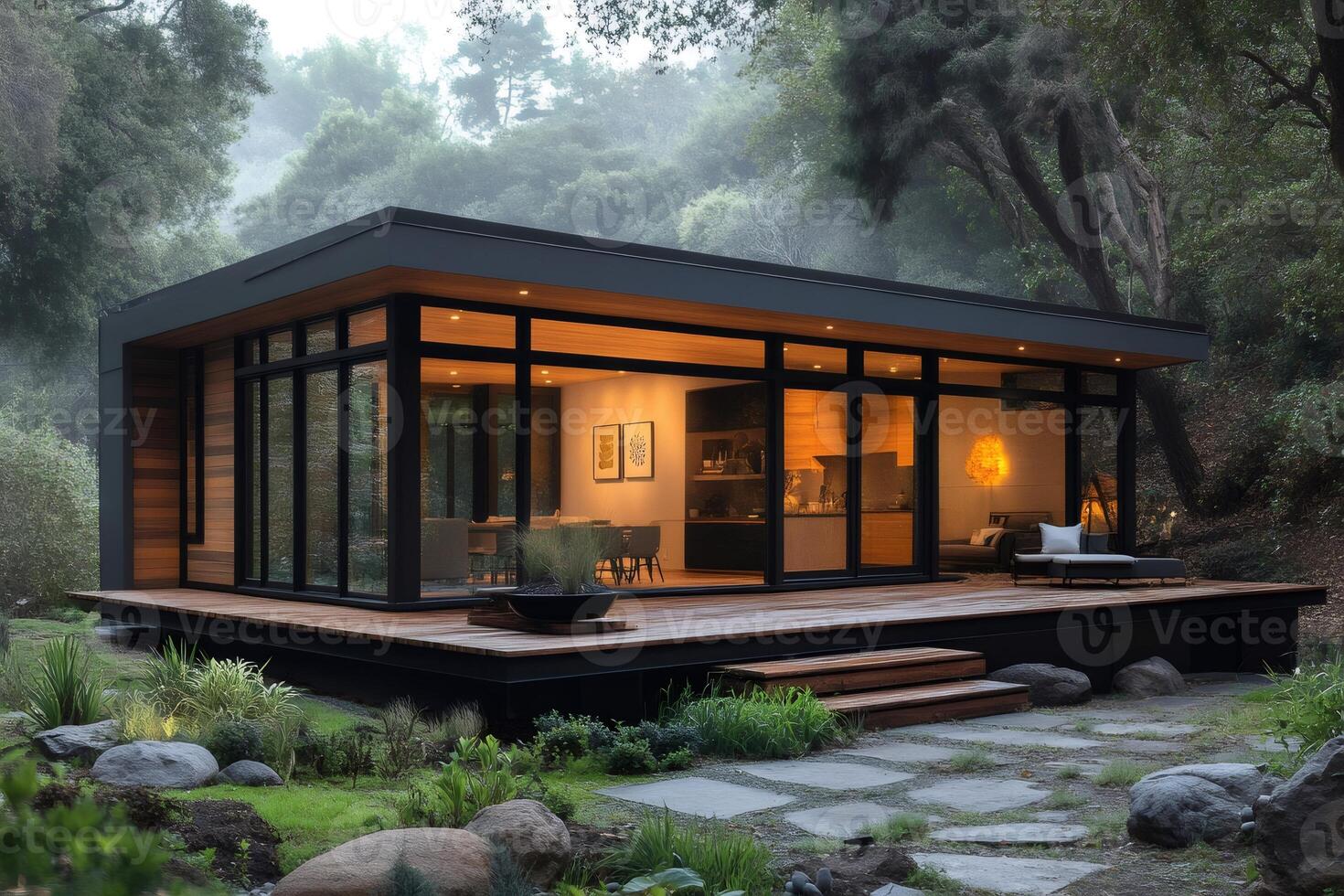 Modern house illuminating a forest at dusk with large windows and patio photo