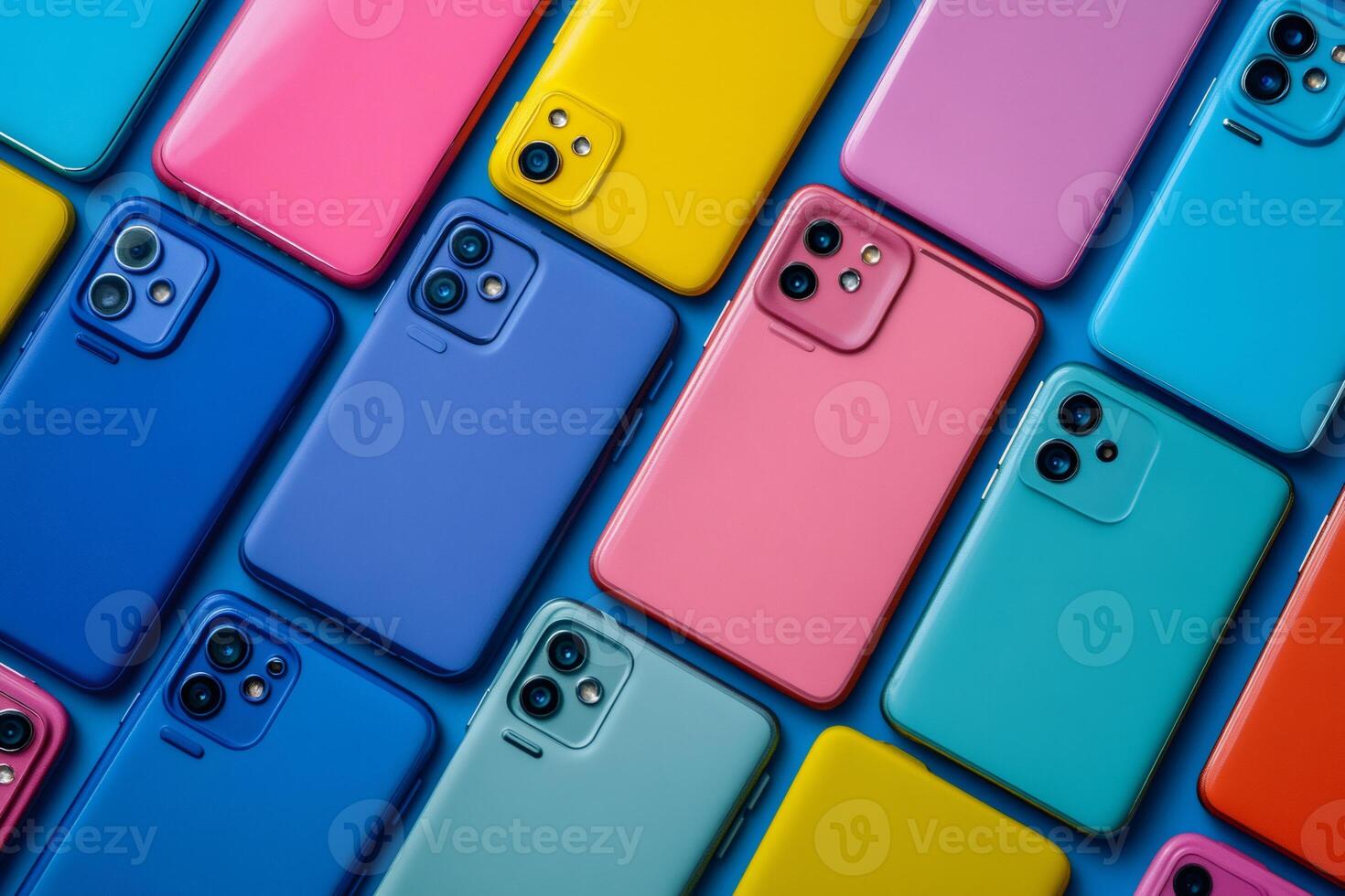 Colorful smartphones lying on blue background forming a pattern photo