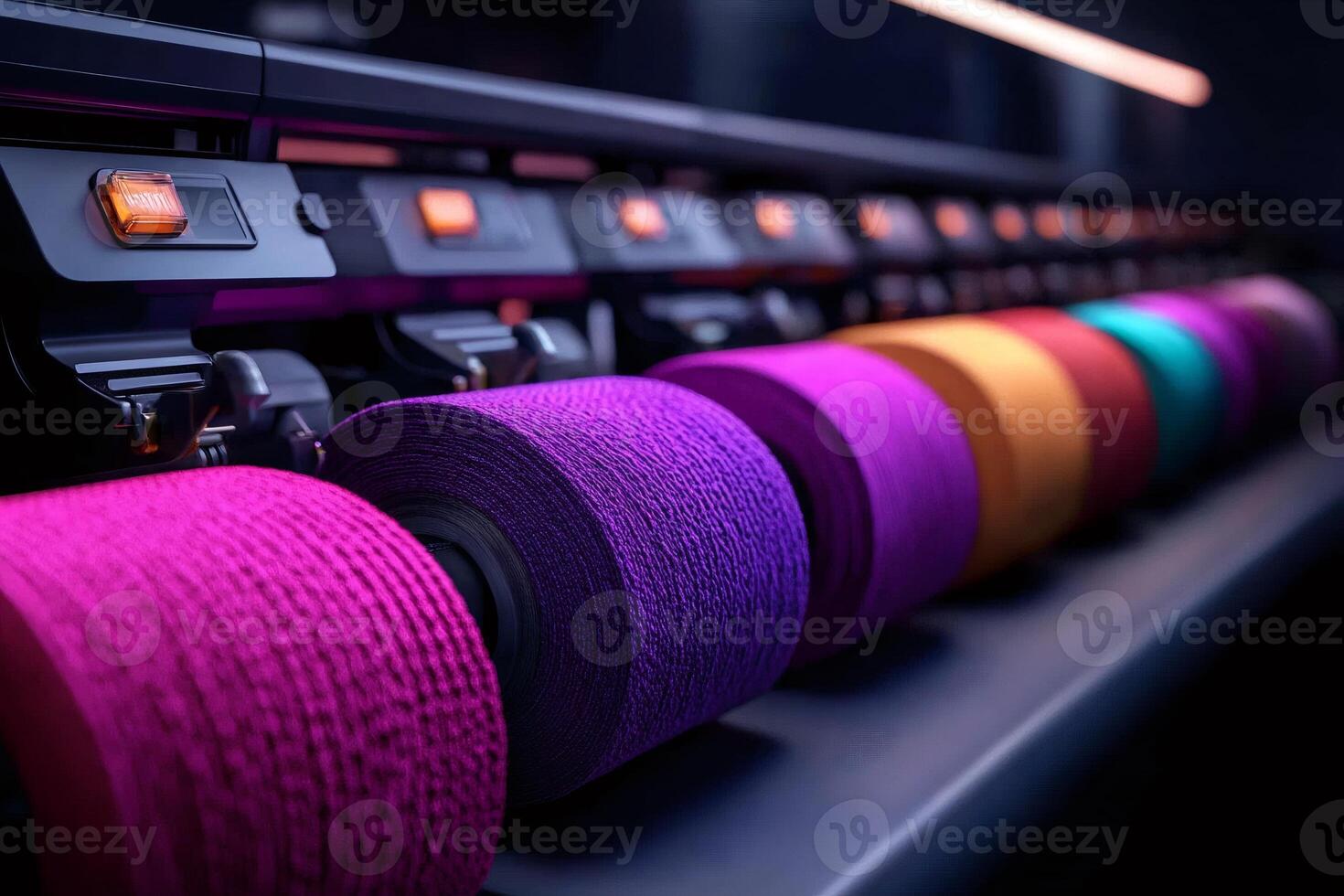 Industrial textile machine processing colorful spools of yarn or thread photo
