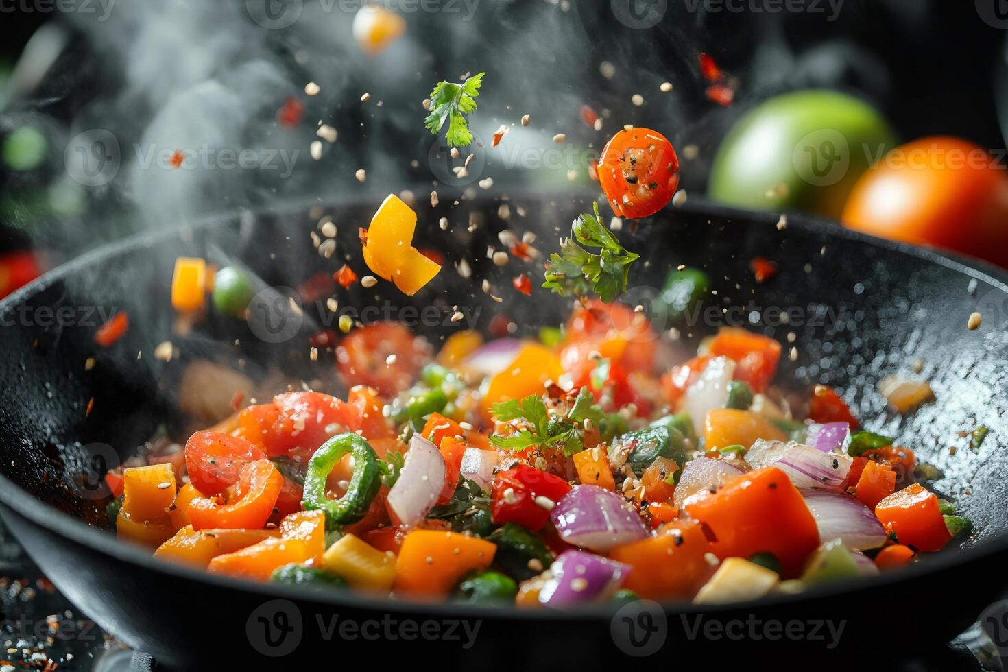 Chef tossing colorful vegetables and spices in wok pan photo
