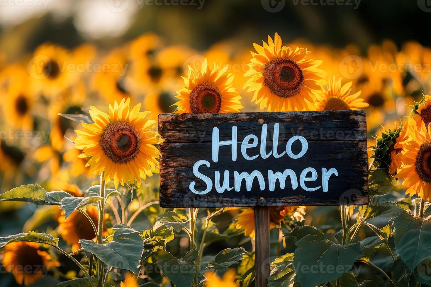 Sunflowers blooming in summer field with hello summer sign photo