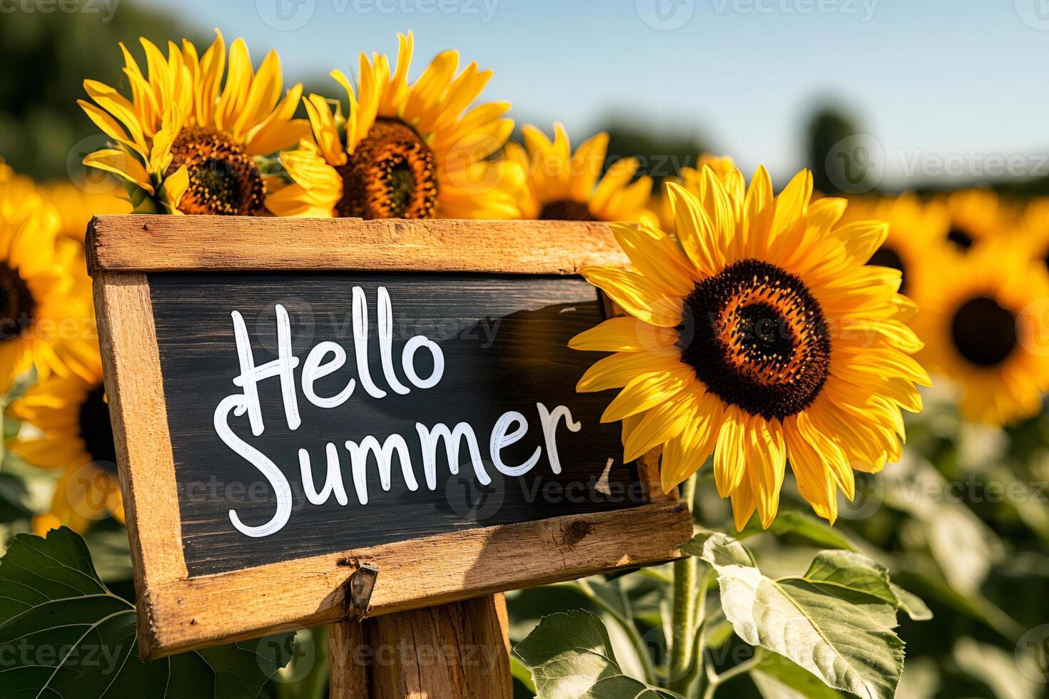 Sunflowers blooming in a field with hello summer sign photo