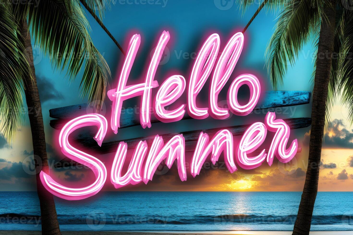Hello summer neon sign hanging between palm trees at sunset photo