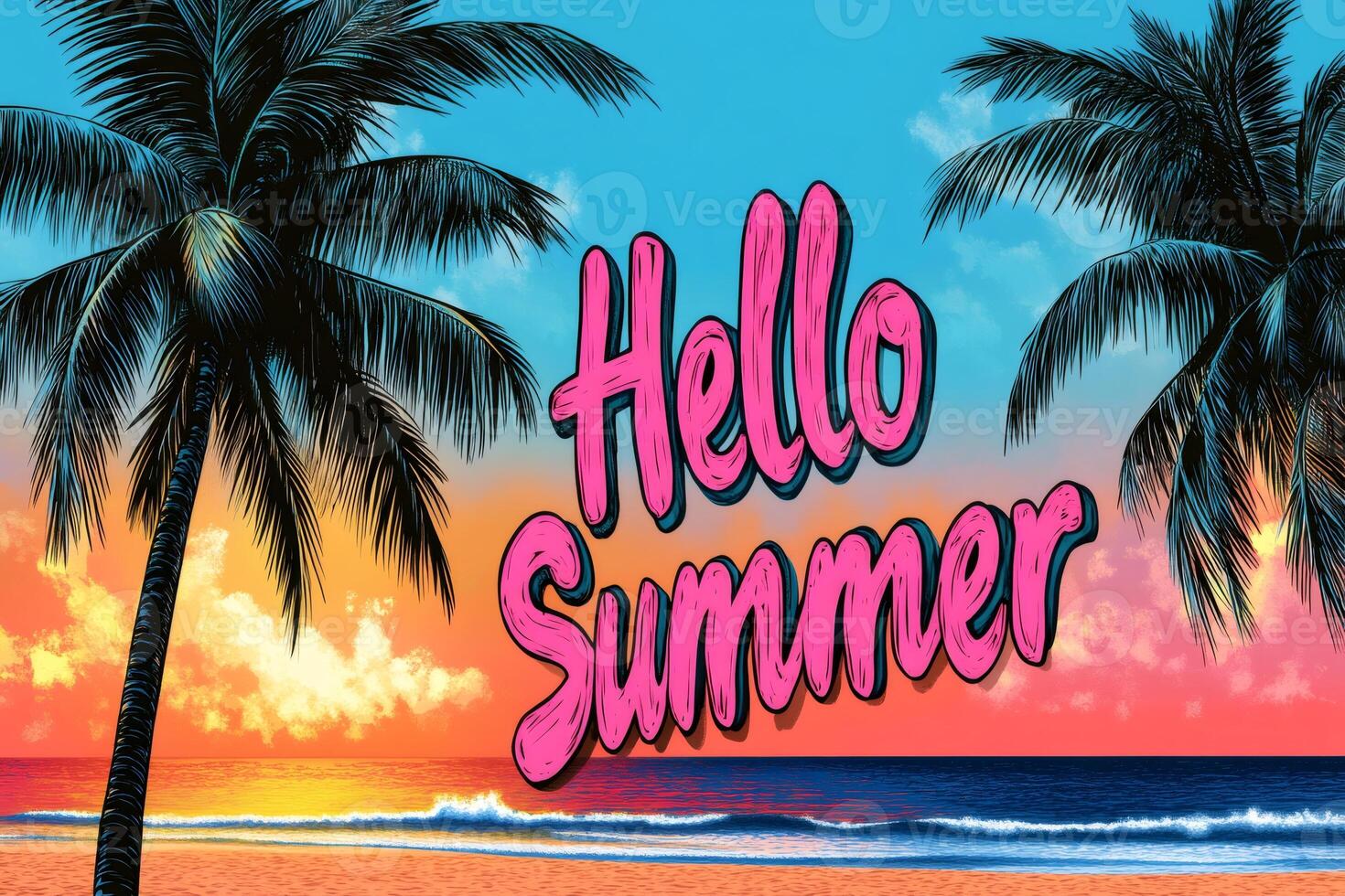 Hello summer tropical beach with palm trees at sunset photo