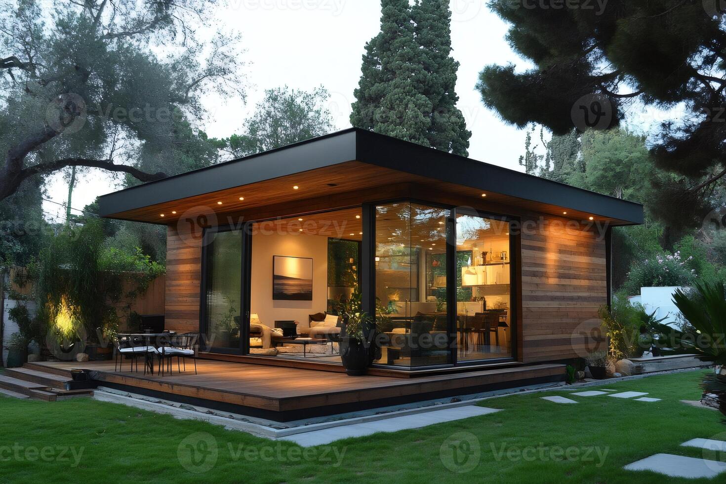Modern prefabricated backyard home with large glass sliding doors and patio photo