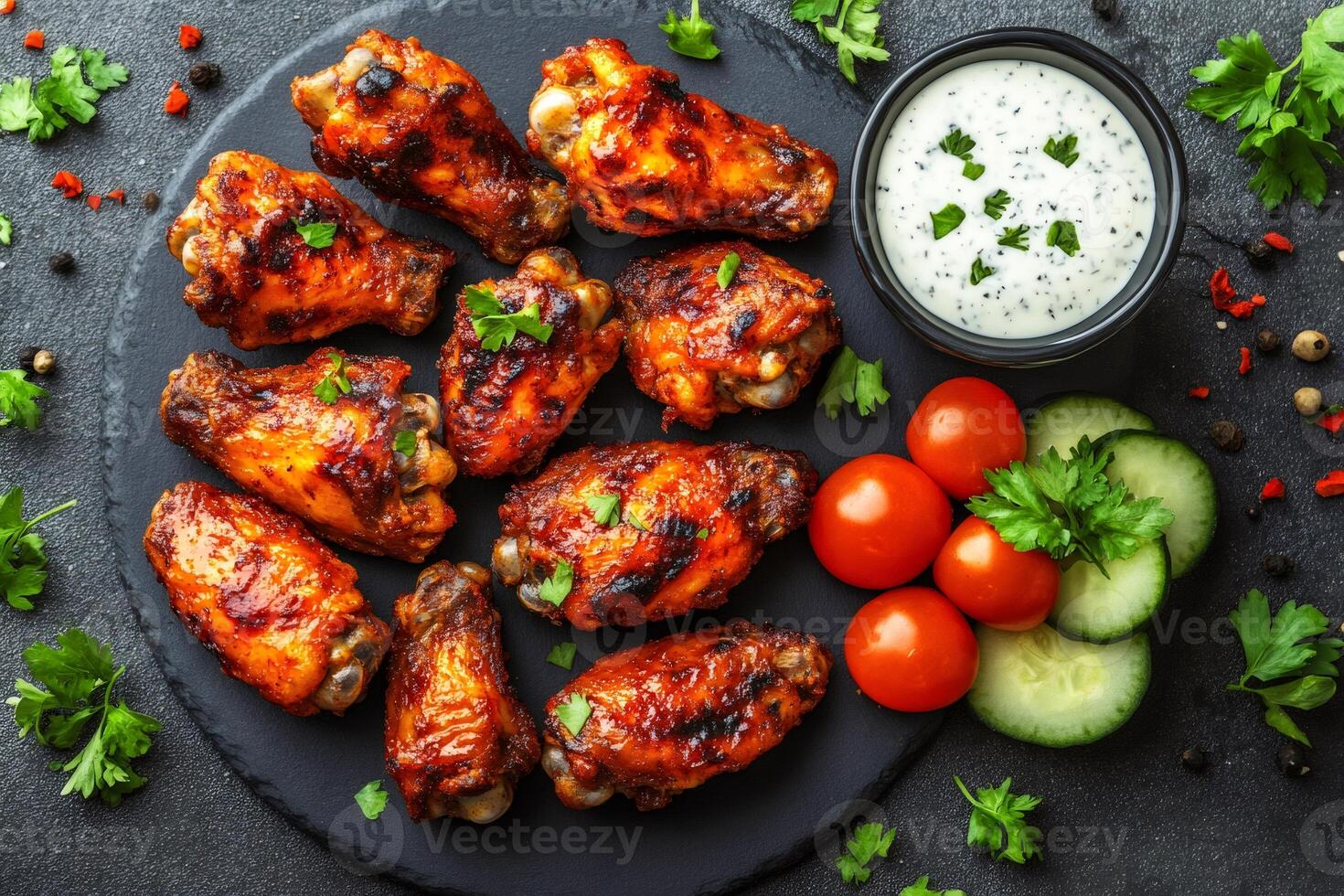 Grilled chicken wings decorated with herbs and served with white sauce, cucumbers and tomatoes photo