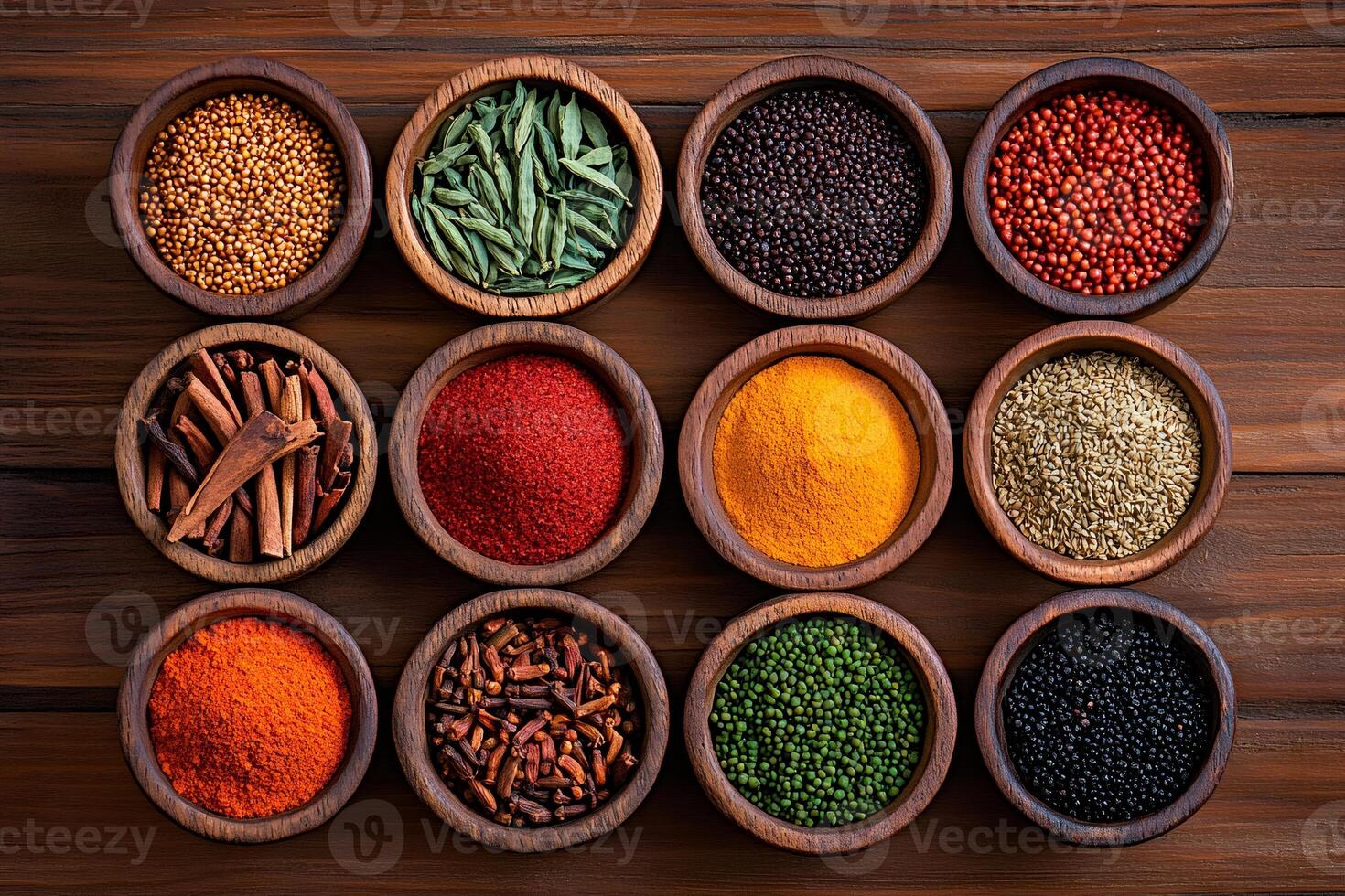 Colorful spices and herbs filling wooden bowls on rustic table photo