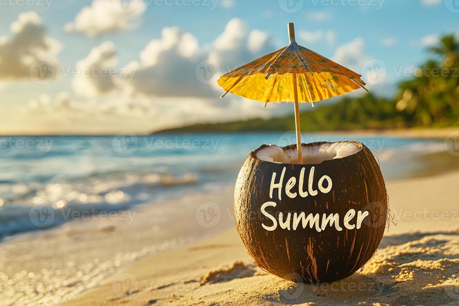 Coconut with hello summer lettering relaxing on a tropical beach at sunset photo