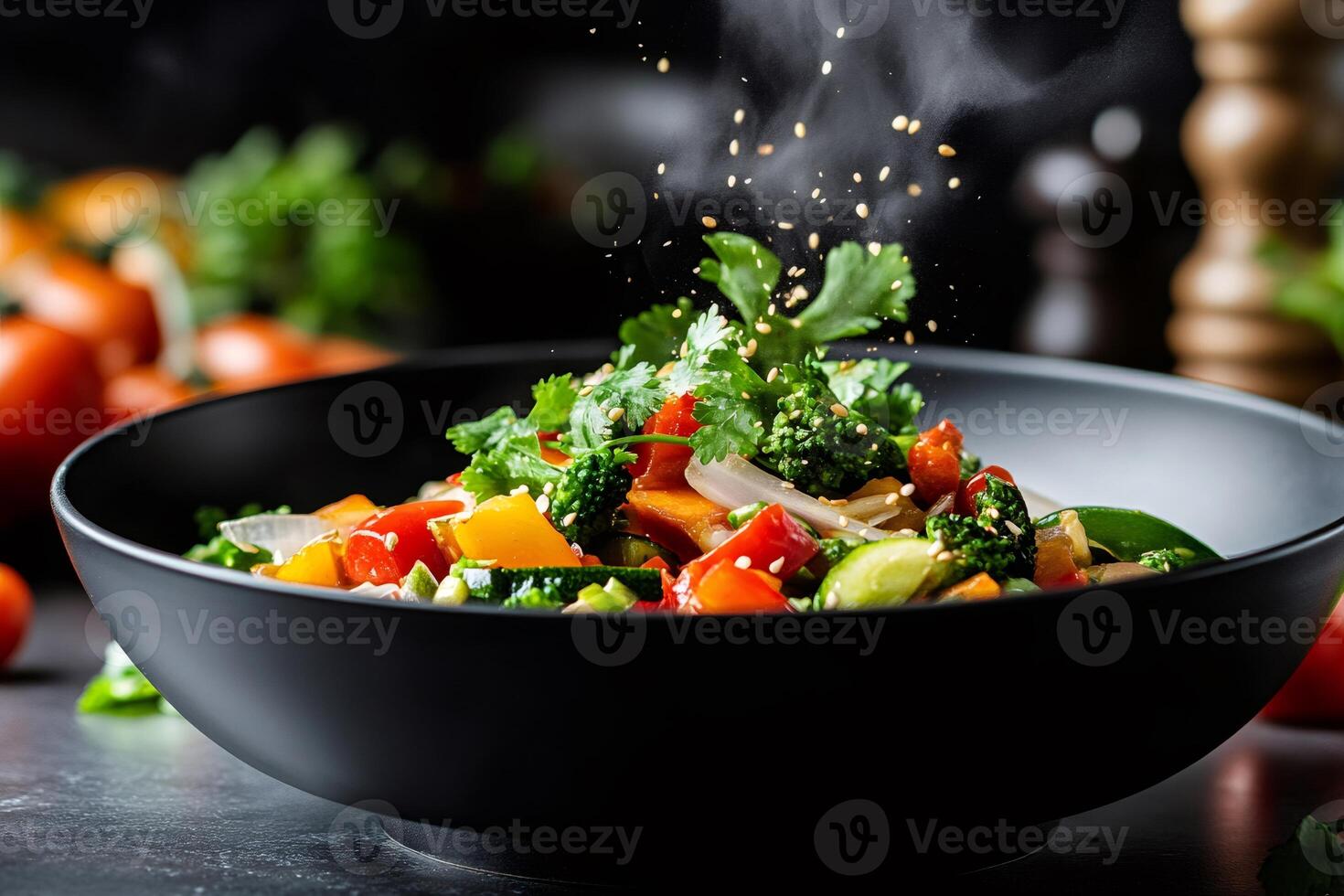 Sesame seeds falling on steaming hot mixed vegetables in black bowl photo