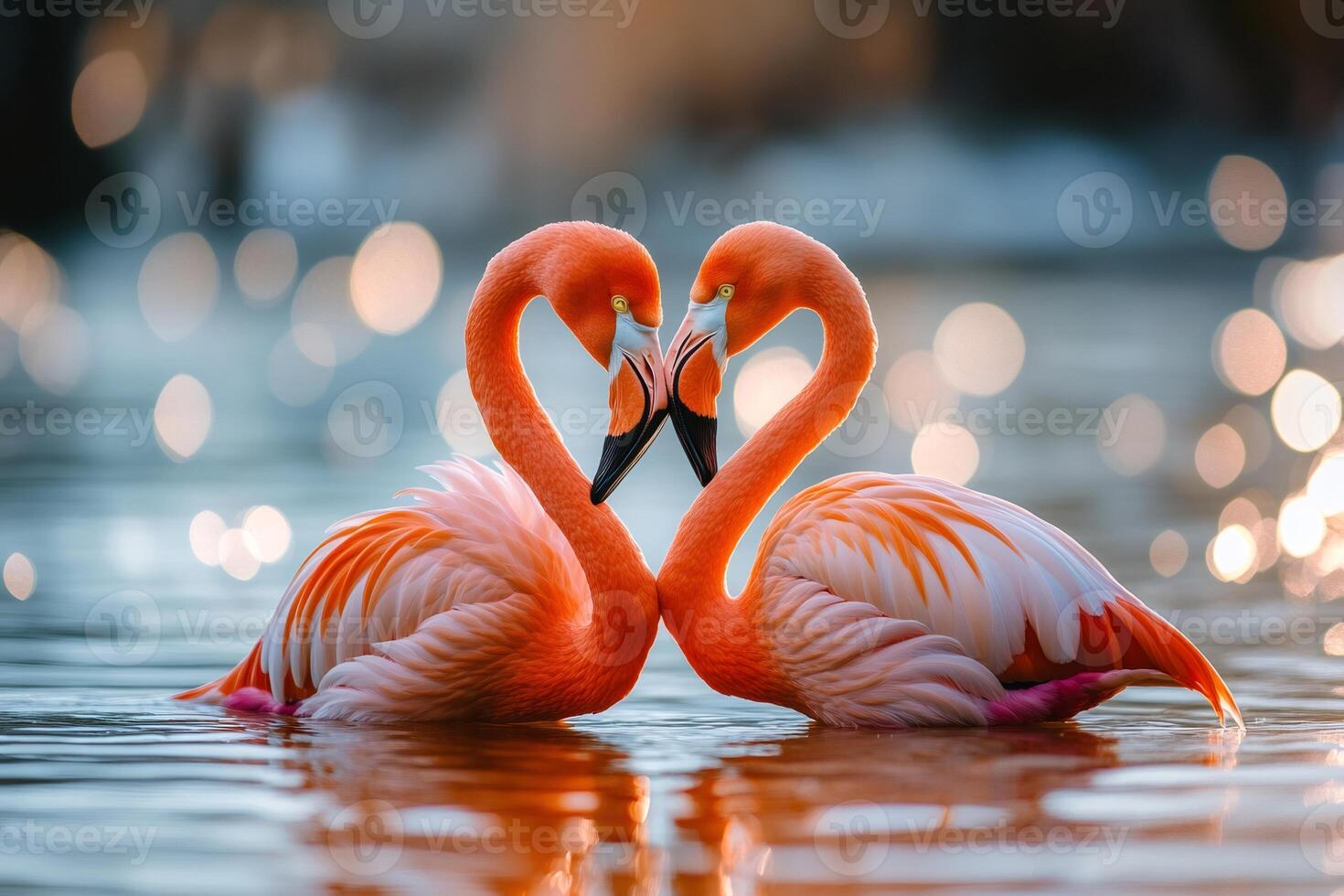 Two flamingos creating heart shape with their necks photo