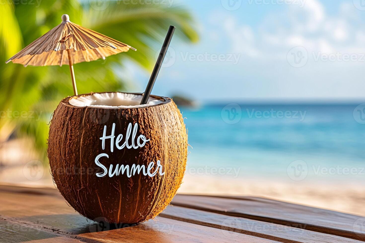 Coconut cocktail with hello summer inscription enjoying tropical beach view photo