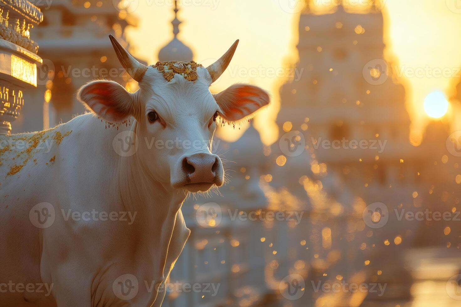 Decorated white cow posing in a temple at sunset photo