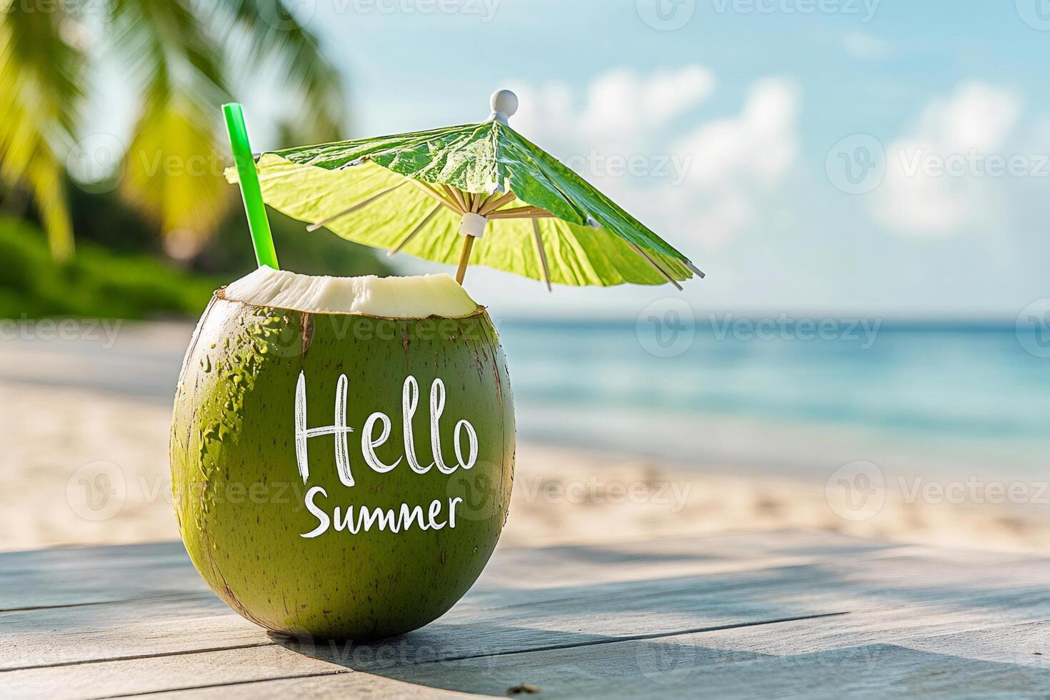 Hello summer, fresh coconut water celebrating summer on tropical beach photo