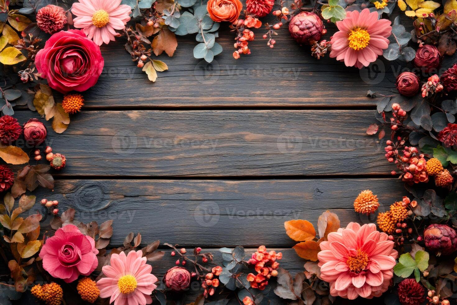 Autumn flowers frame creating copy space on rustic wooden background photo