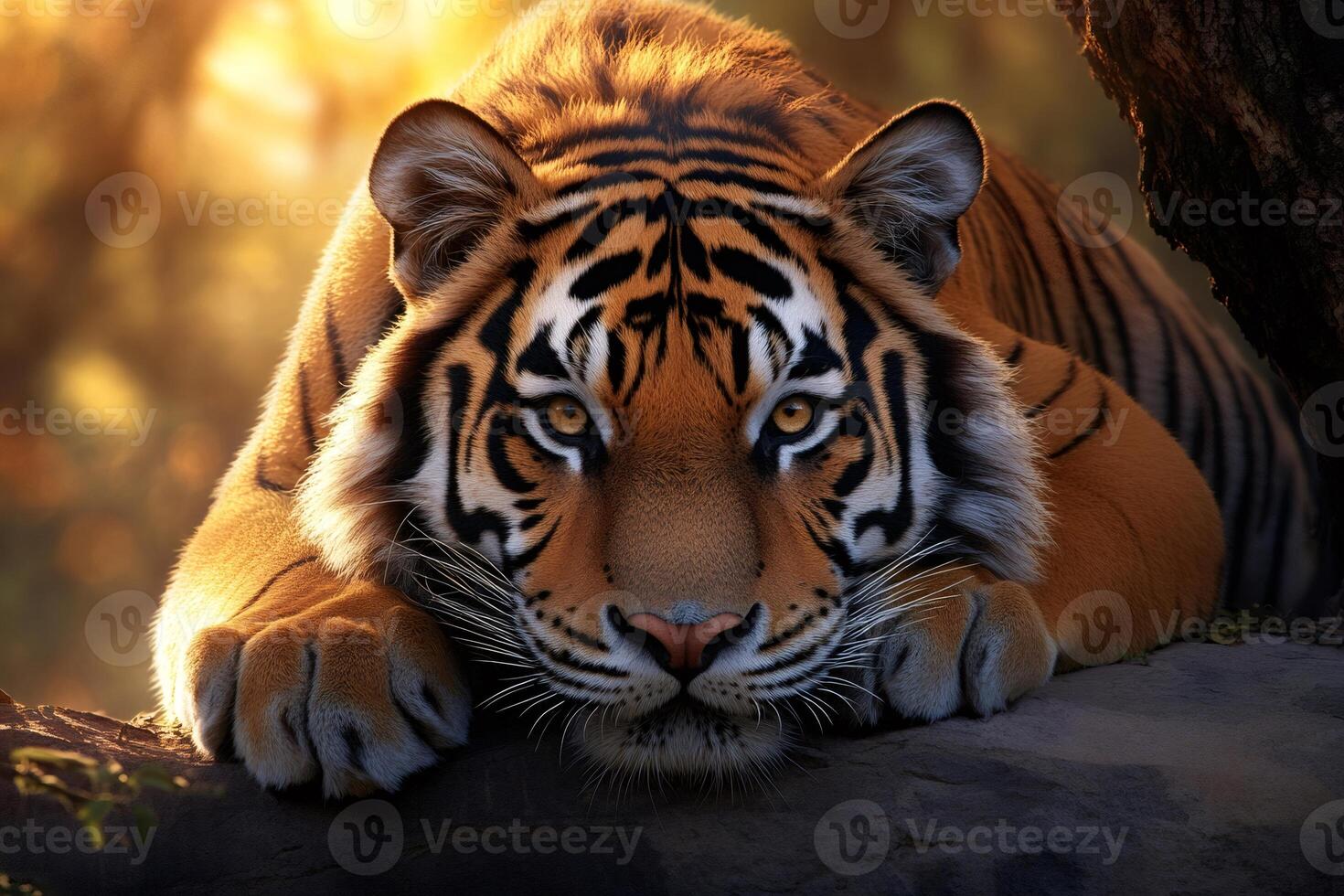 Majestic tiger resting on a rock in golden light photo
