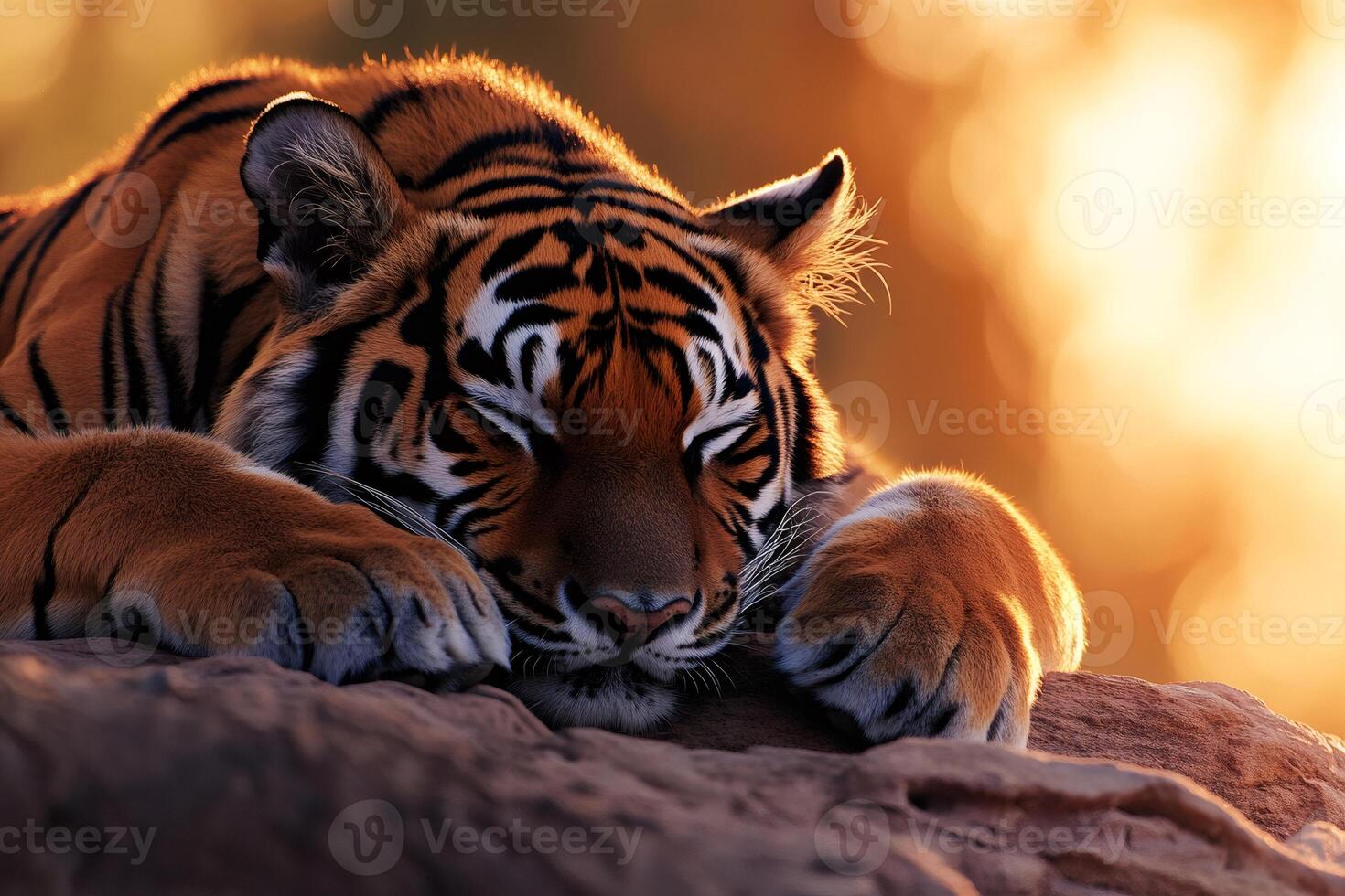 Bengal tiger resting on rock at sunset photo