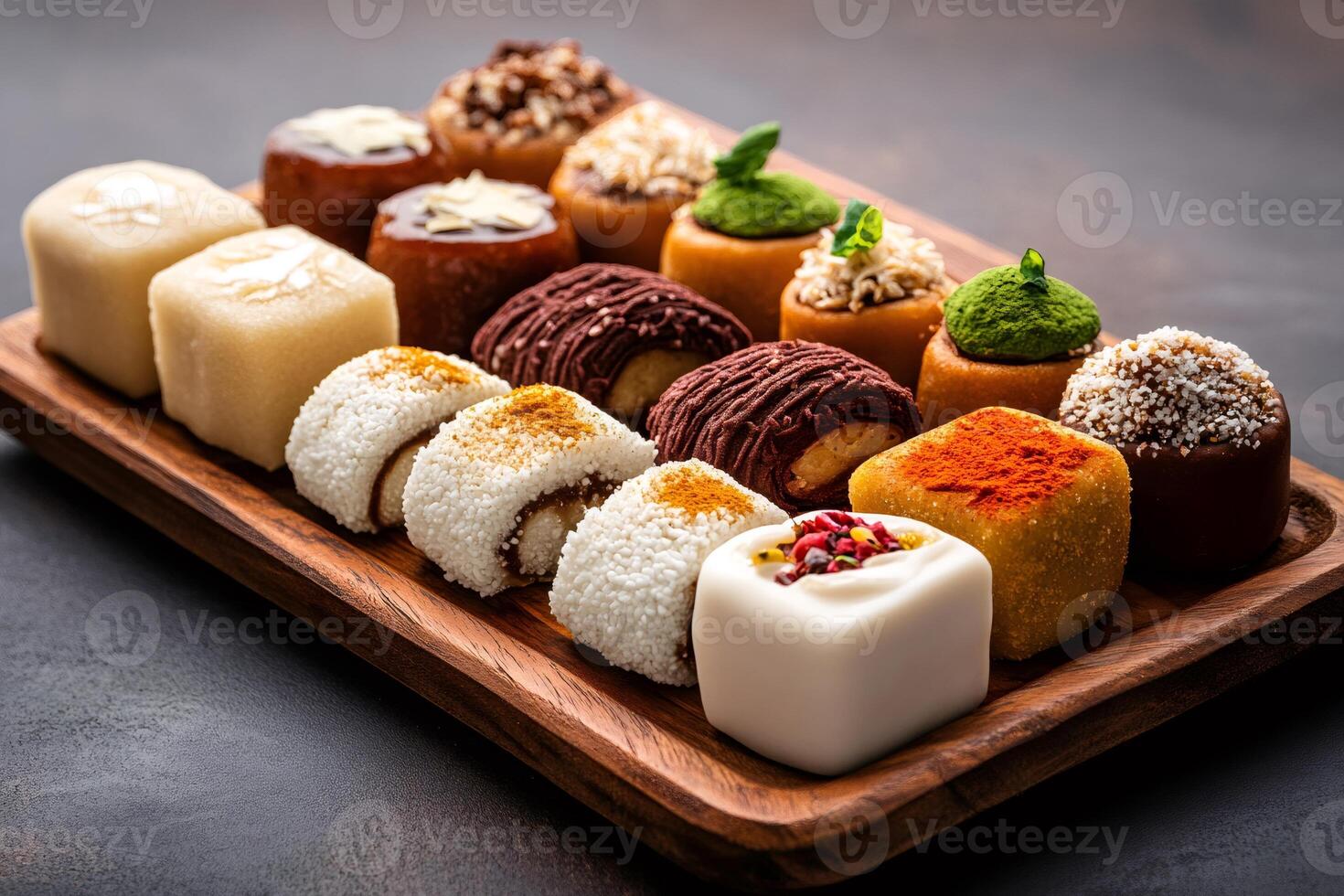 Wooden tray displaying variety of delicious and colorful petit fours photo