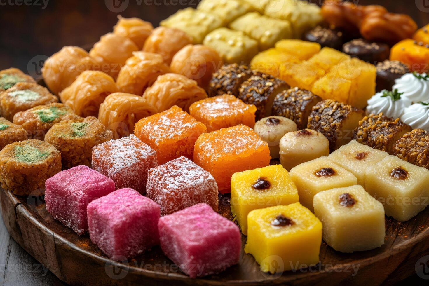 Colorful assorted desserts displayed on wooden tray, showcasing variety of treats photo
