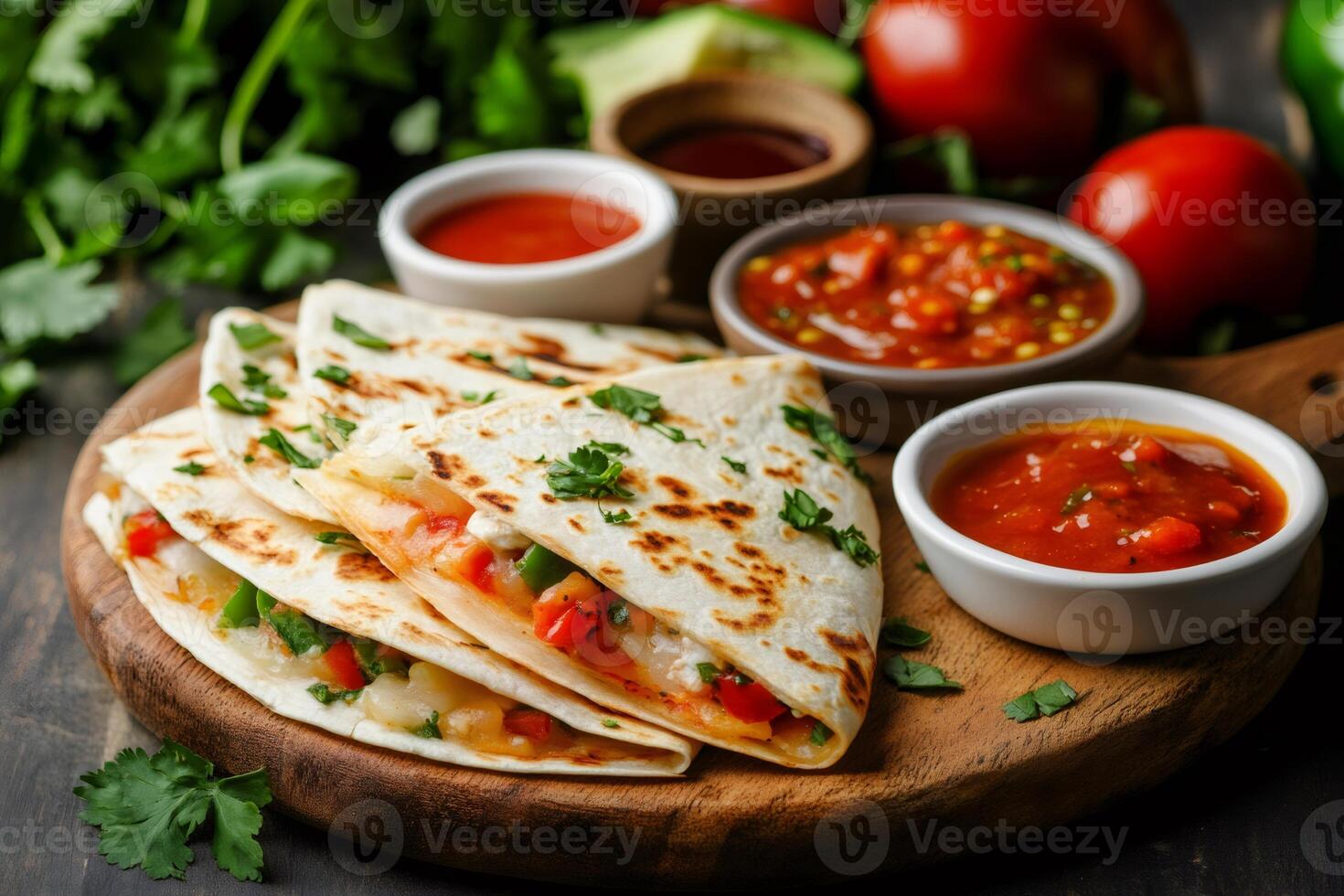 Delicious quesadillas with vegetables and cheese filling served with various spicy sauces photo