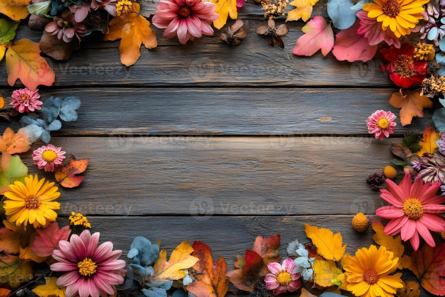 Autumn floral frame creating copy space on rustic wooden background photo