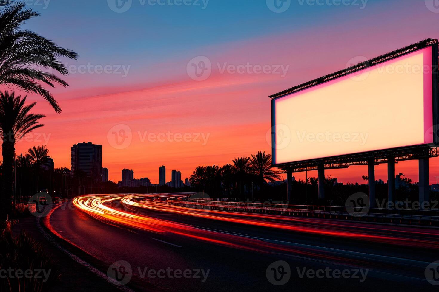 Blank billboard by road with traffic at sunset in the city photo