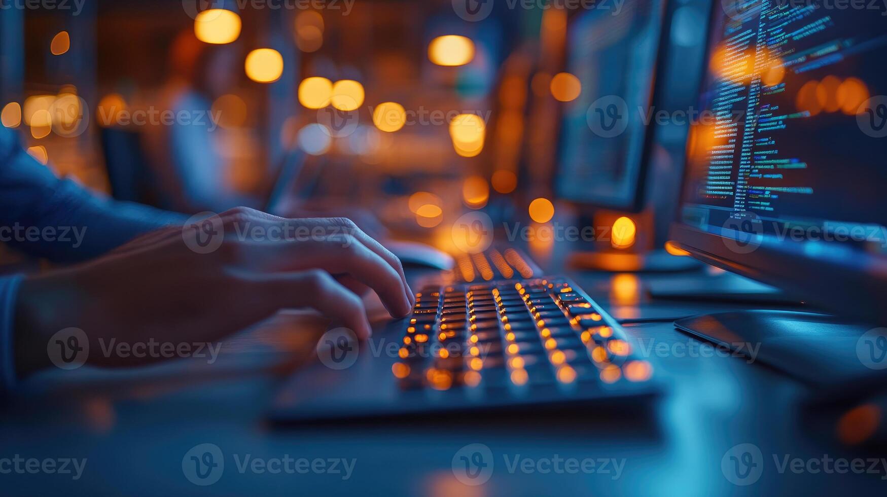 Software developer programming on computer in office at night photo