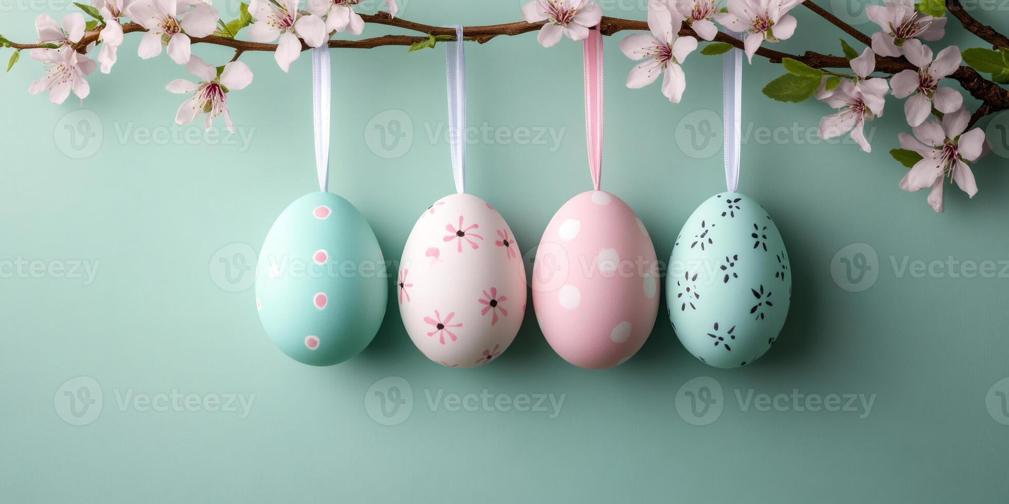 Easter eggs hanging from a blossoming cherry tree branch on a pastel green background photo