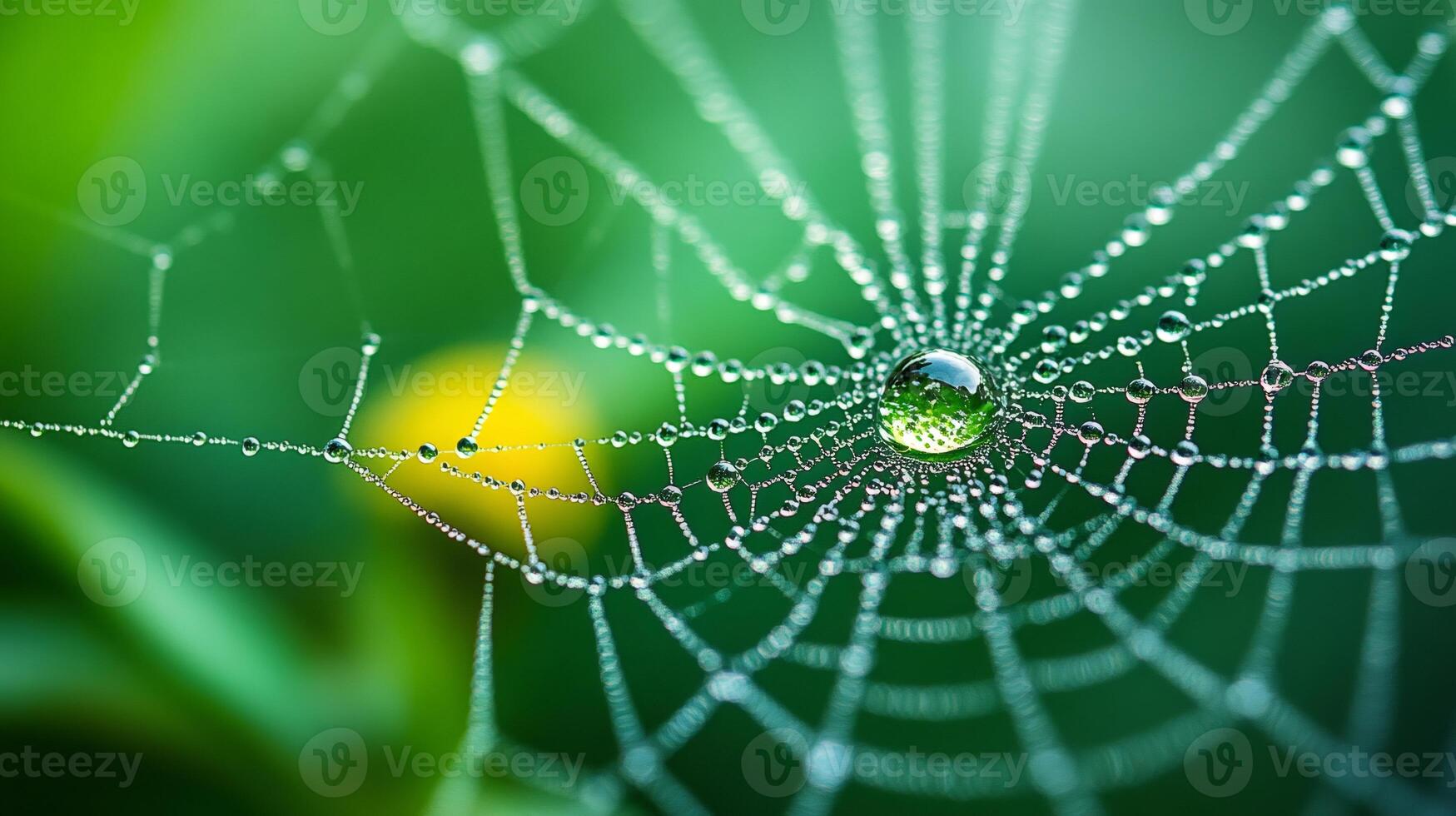Dew drops decorating a spider web on a green background photo