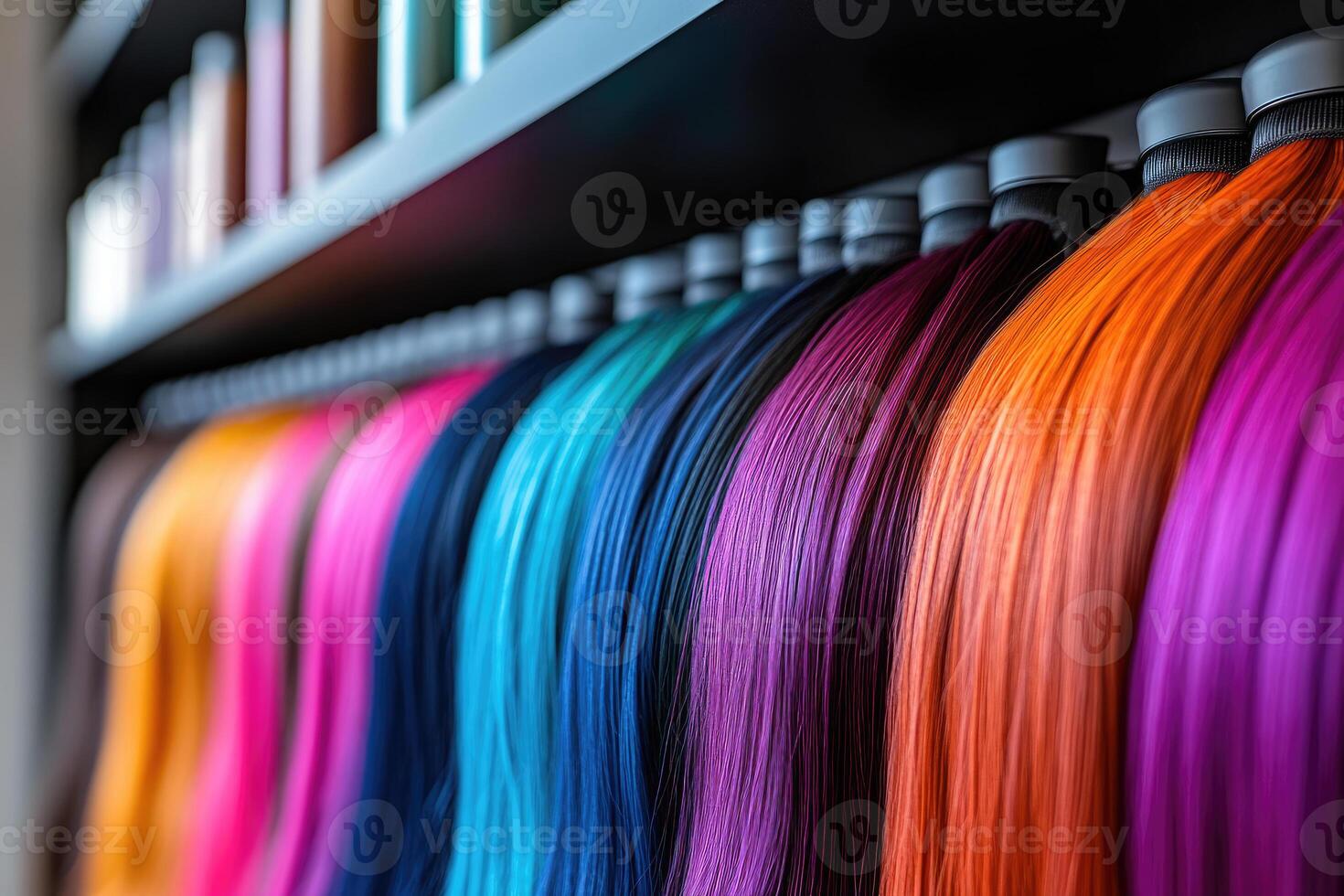 Colorful hair extensions hanging in a salon displaying variety of colors photo