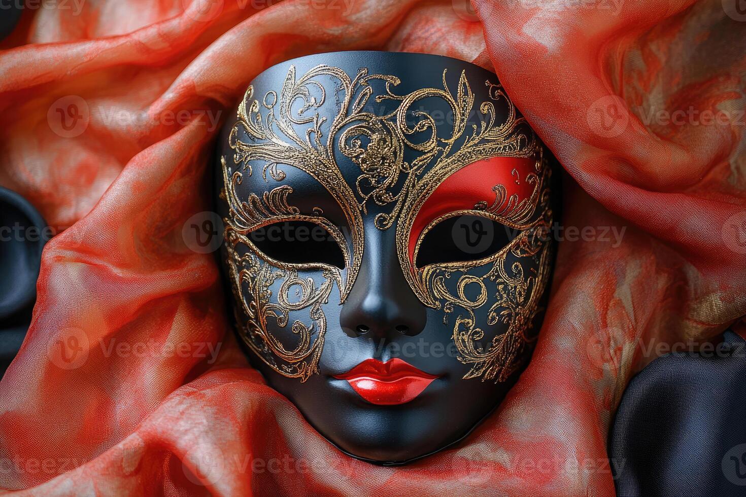 Venetian carnival mask resting on red and black silk fabric photo