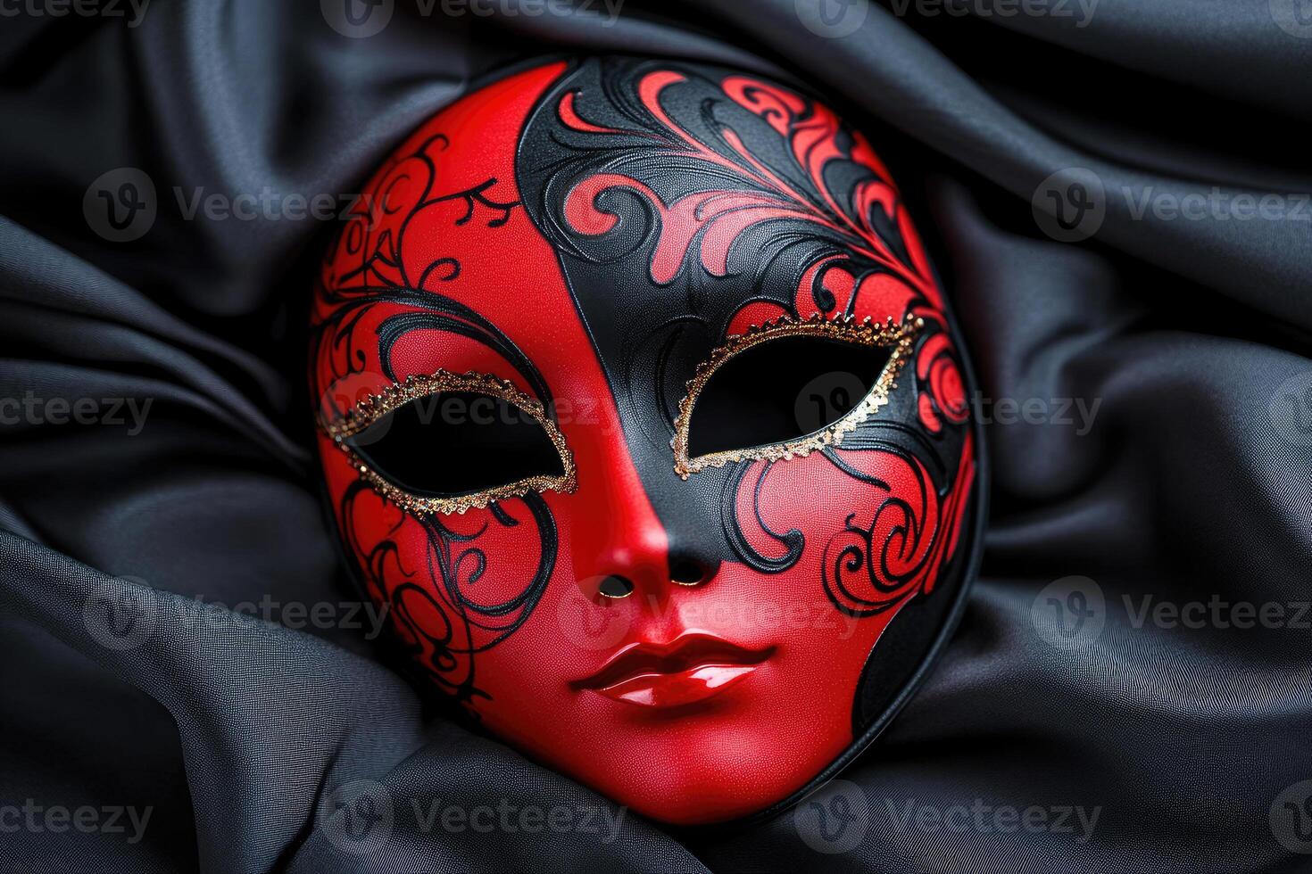 Red and black venetian mask resting on dark satin fabric photo