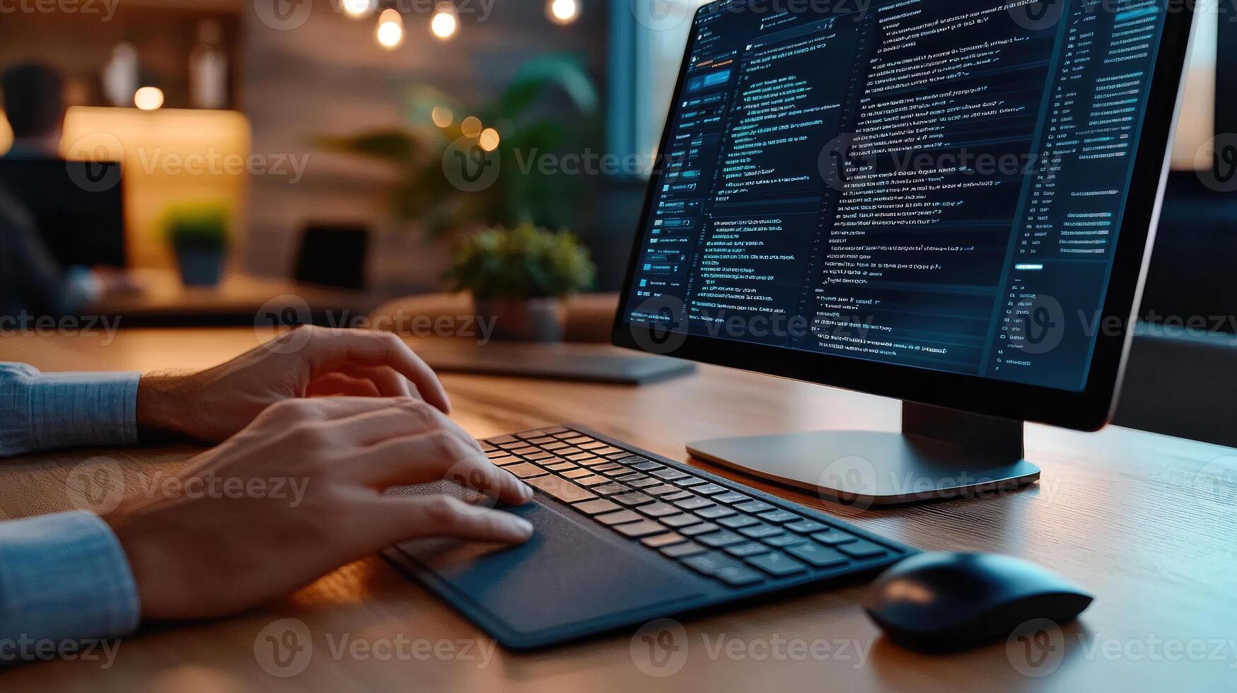 Software developer programming javascript website on computer in office at night photo