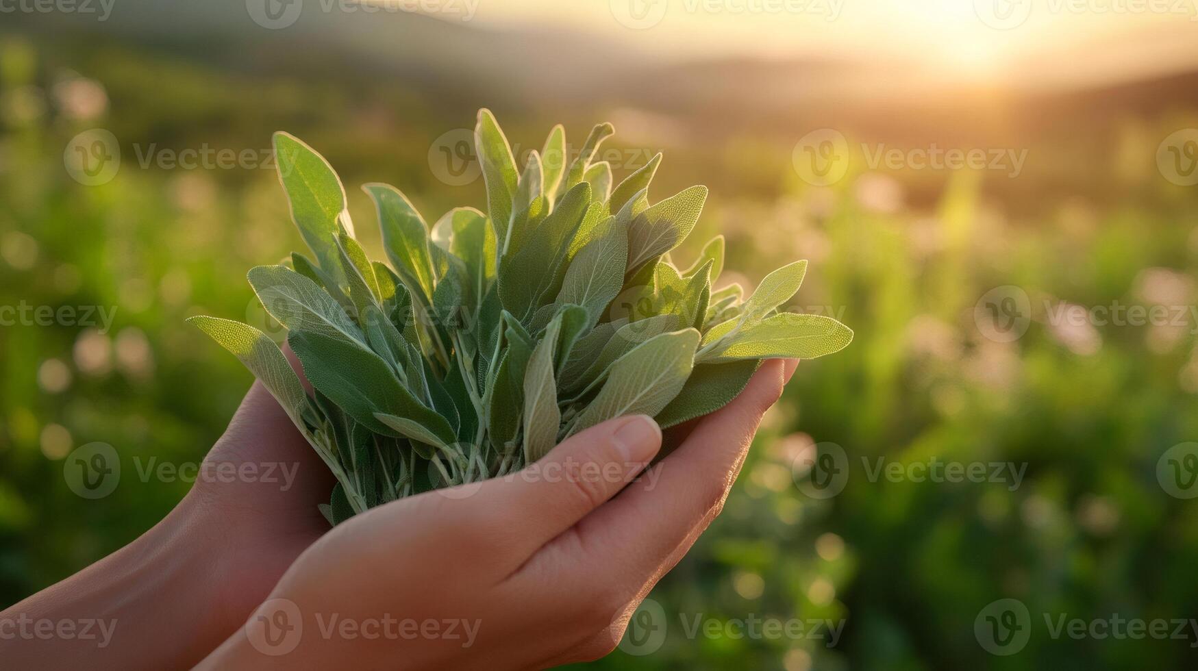 Farmer holding freshly harvested sage at sunset in a field photo