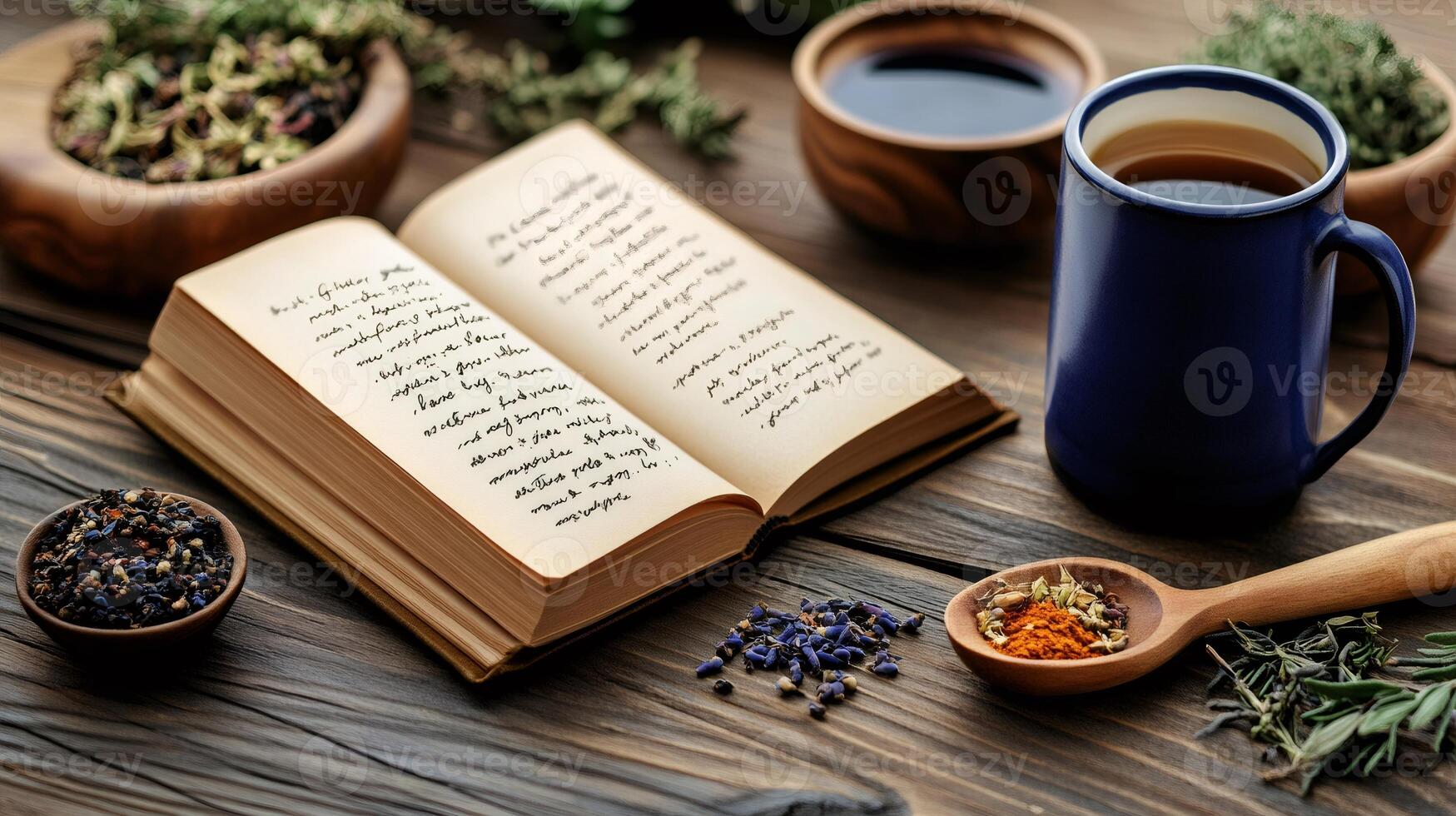 Herbalist recipe book with tea and dried herbs on wooden table photo