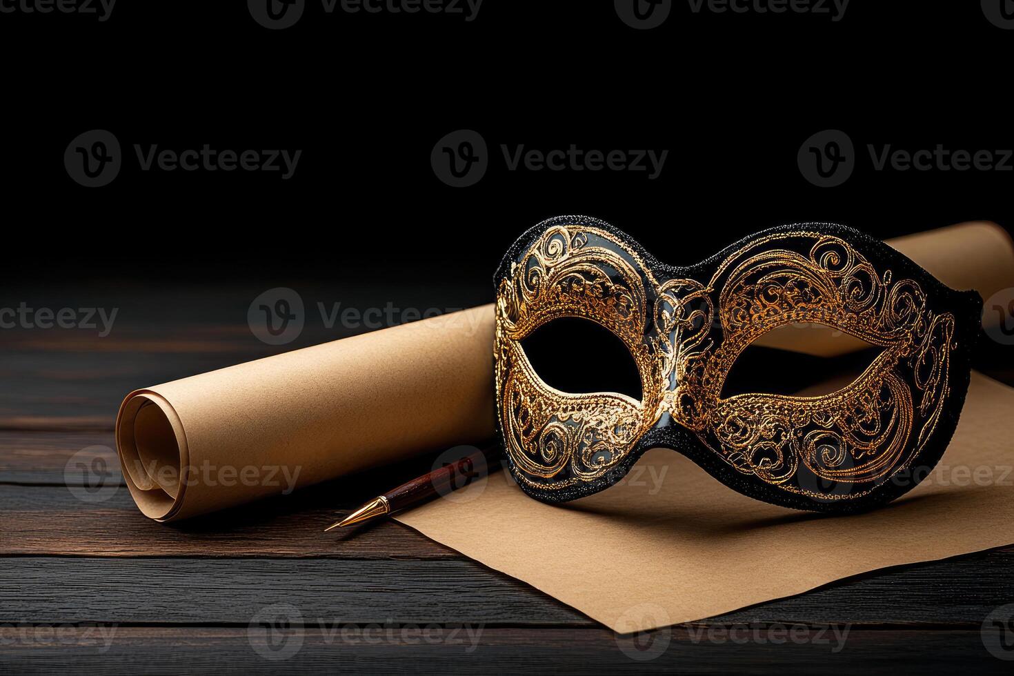 Venetian carnival mask with golden decorations and old paper scroll on dark wooden table photo
