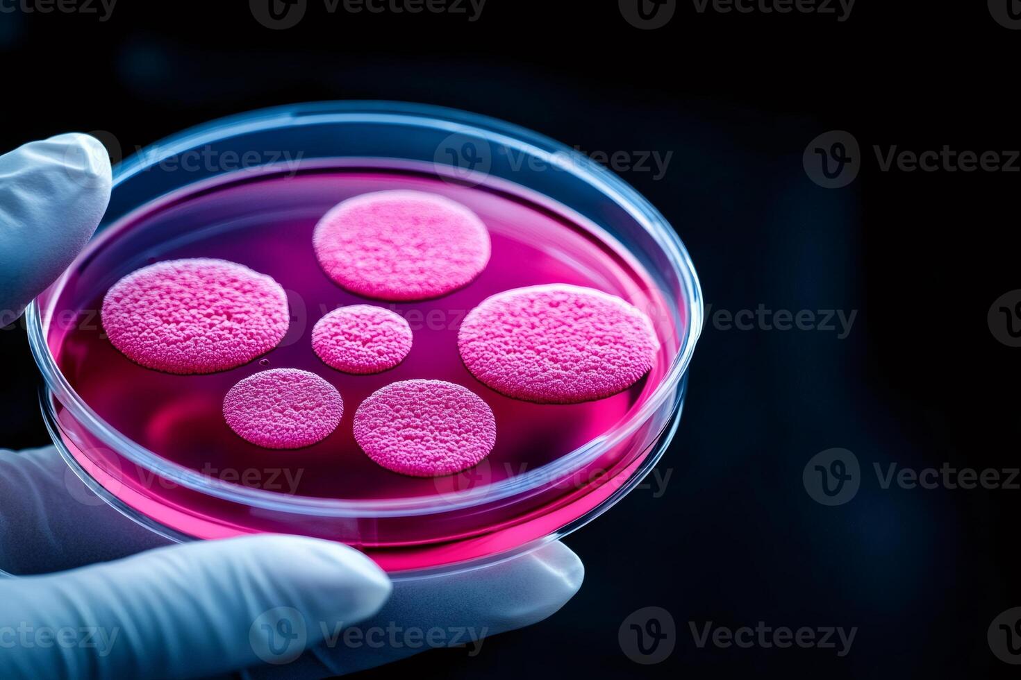 Scientist holding petri dish with growing bacteria colonies for microbiology research photo