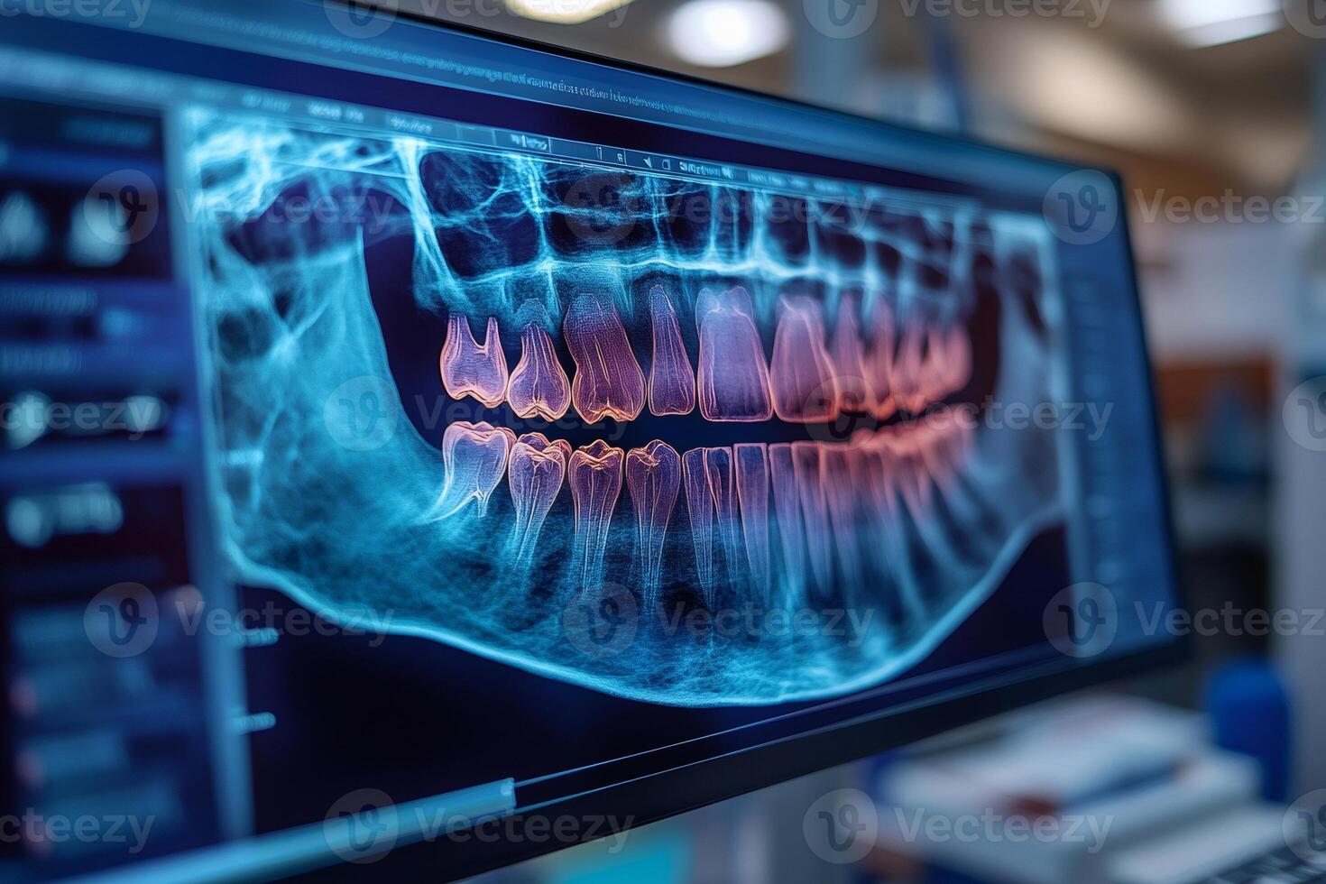 Modern dental clinic showing teeth x ray on computer screen emphasizing oral hygiene and healthcare photo
