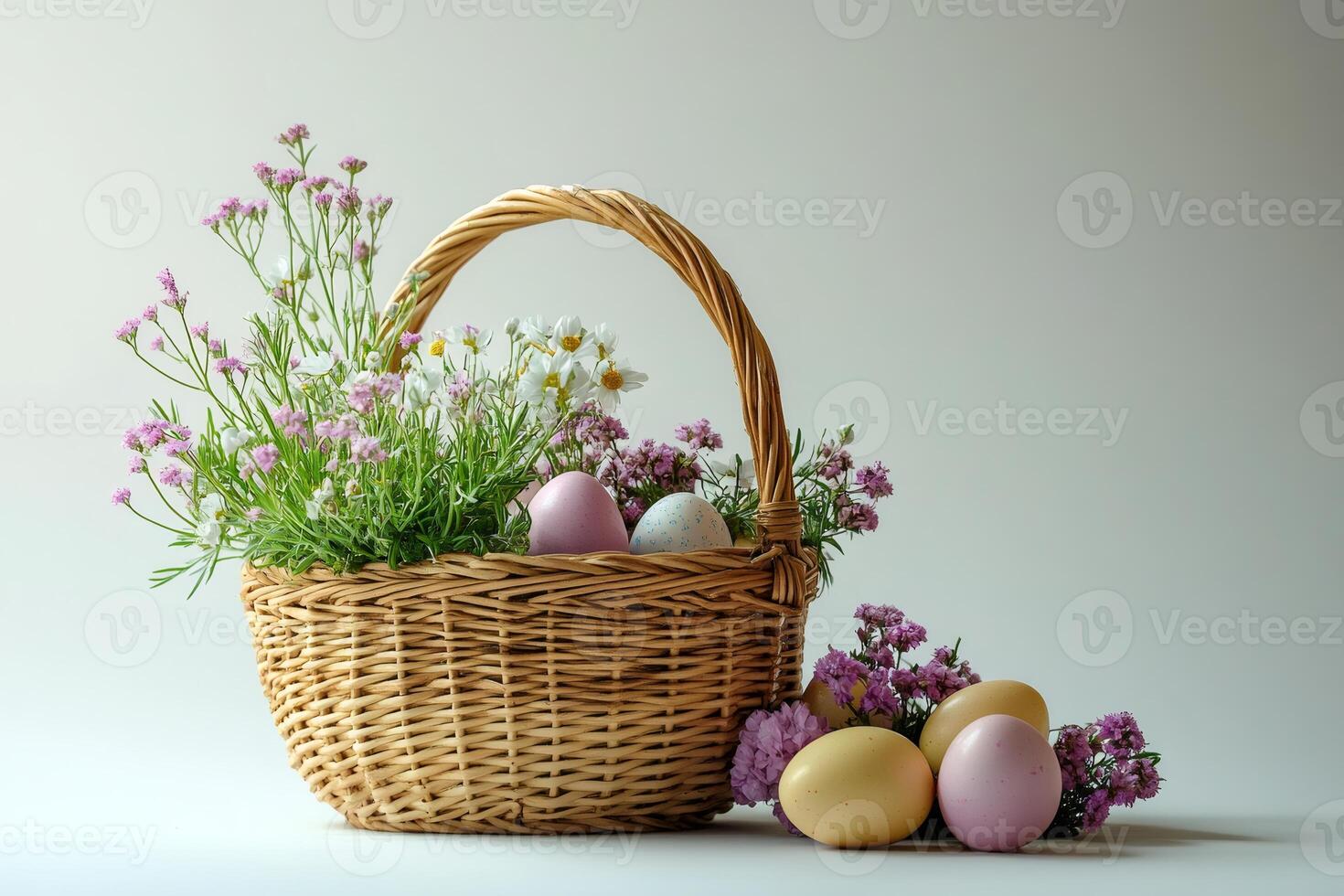 Wicker basket brimming with colorful easter eggs and spring flowers photo