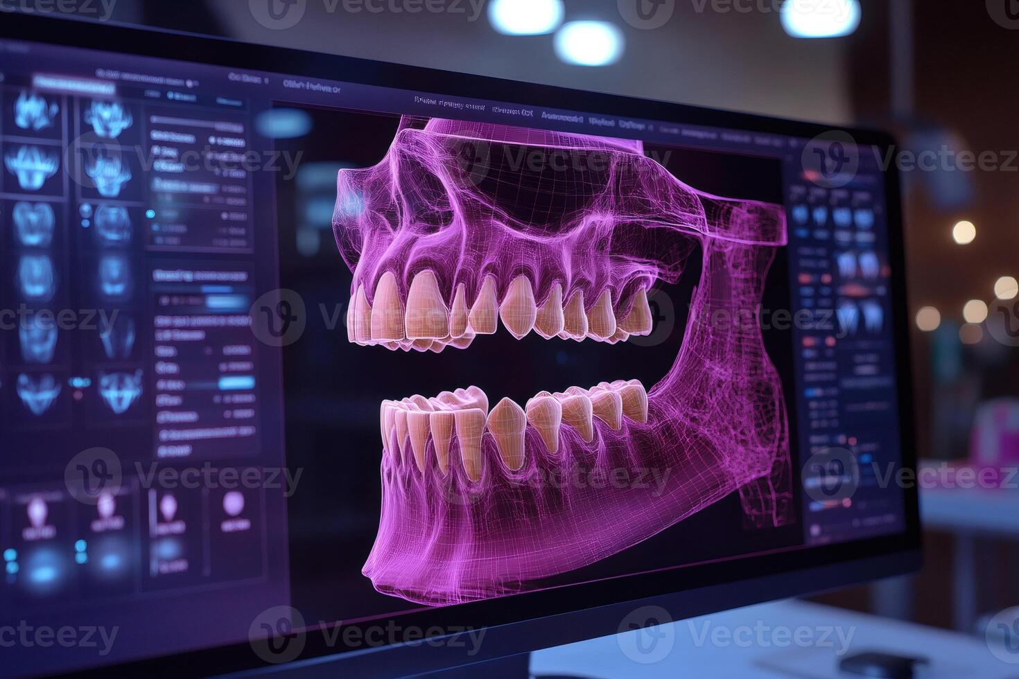 Futuristic software showing 3d model of human jaw for dental treatment photo