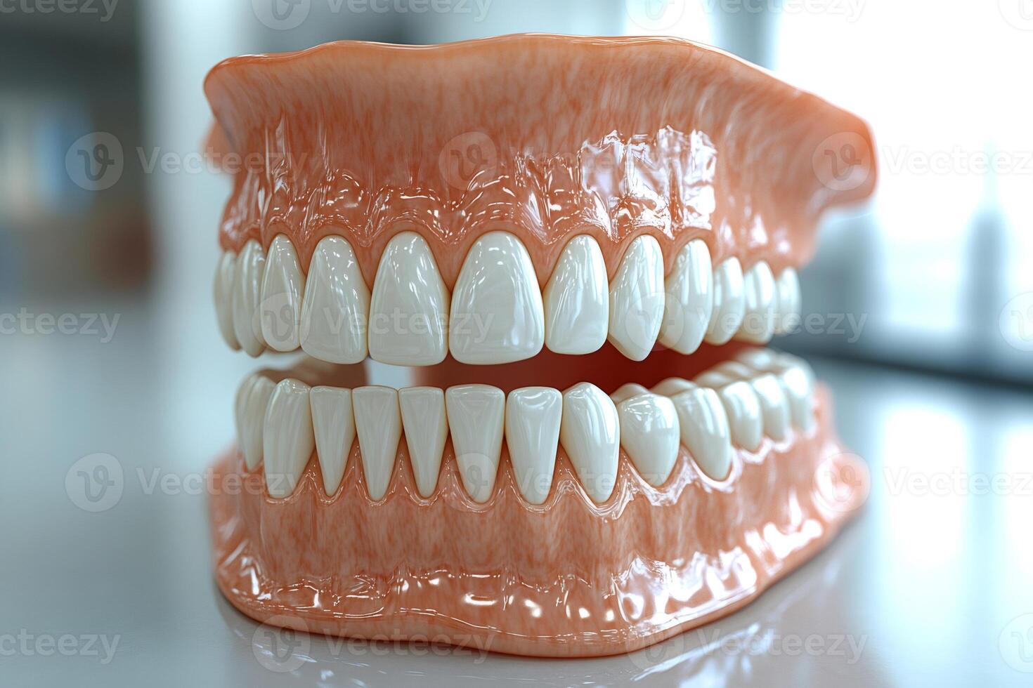 Realistic anatomical model of human jaw showing healthy teeth and gums photo
